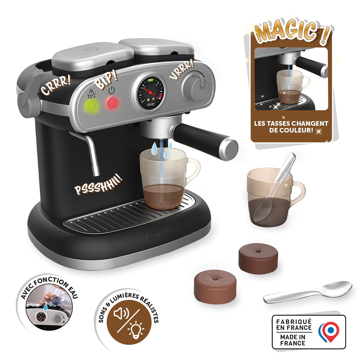 Smoby - Macchina per caffè espresso - Giocattolo di imitazione realistico - Effetti sonori e luminosi - 6 accessori - Sviluppa la creatività - Ricrea i gesti quotidiani
