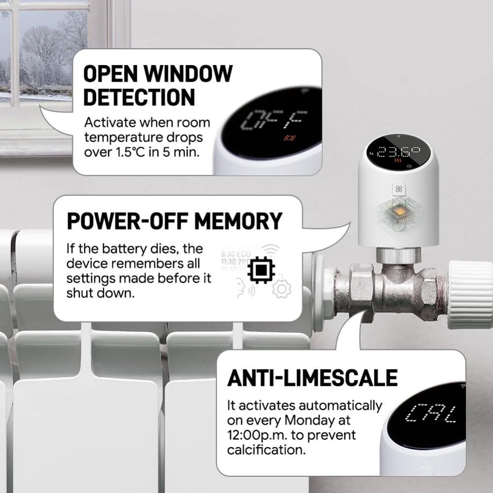 Valvola termostatica per termosifoni Smart TRV con WiFi, compatibile con app Tuya per Smart Life e per Alexa Voice Control, pianificazione a 6 periodi, blocco bambini, display girevole per