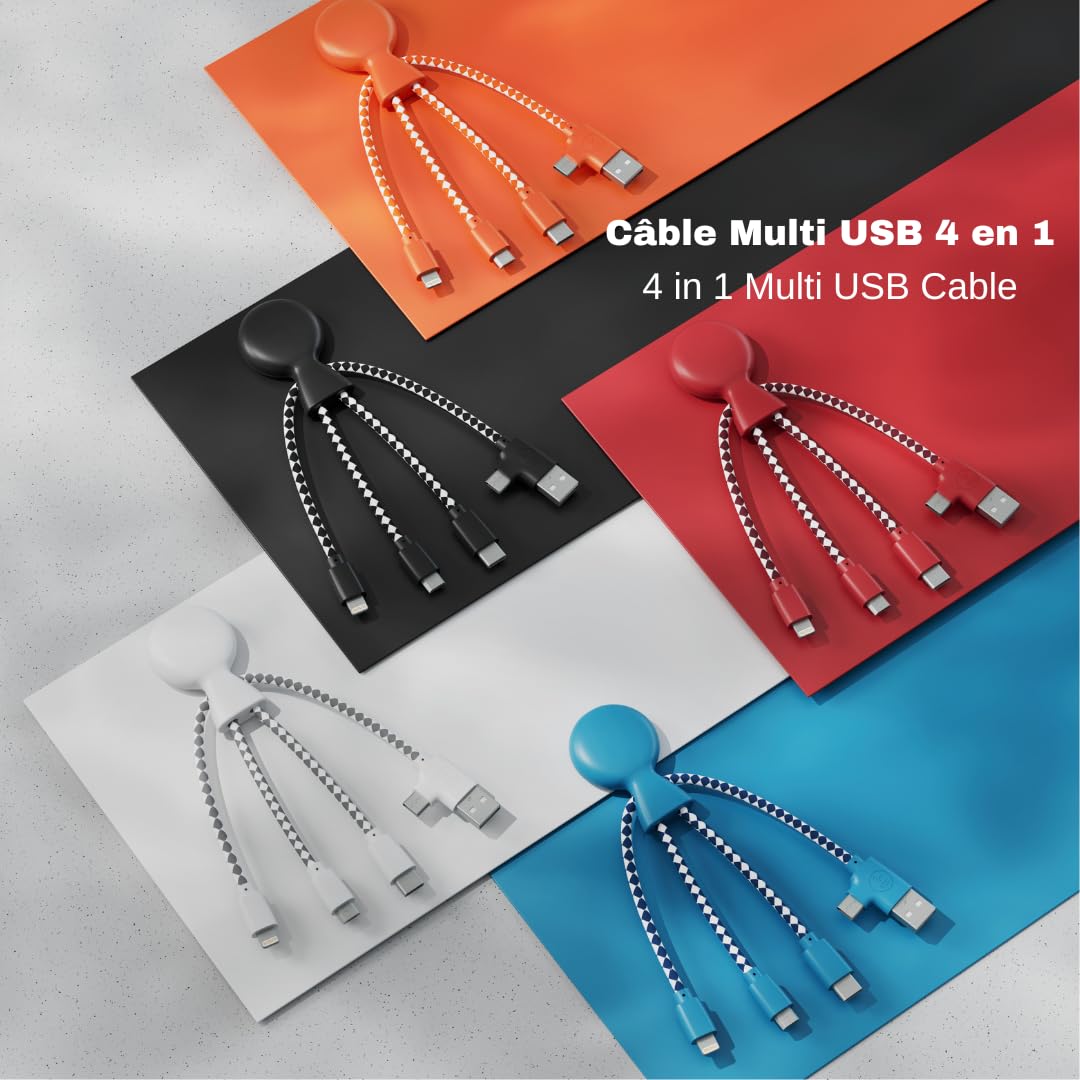 Xoopar - Mr Bio 4w1 kabel Multi USB w kształcie czarnej ośmiornicy - uniwersalna ładowarka z tworzywa sztucznego z recyklingu - gniazdo USB, USB-C, Lightning, Micro USB do uniwersalnego smartfona
