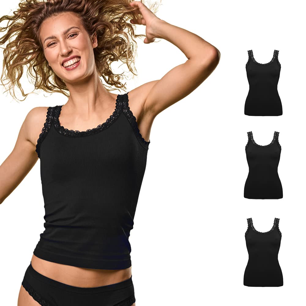 FOCENZA Canotta Donna in Microfibra con Pizzo | 3 Pezzi | Vari Colori | Abbigliamento Intimo Donna | Senza Cuciture | Made in Italy