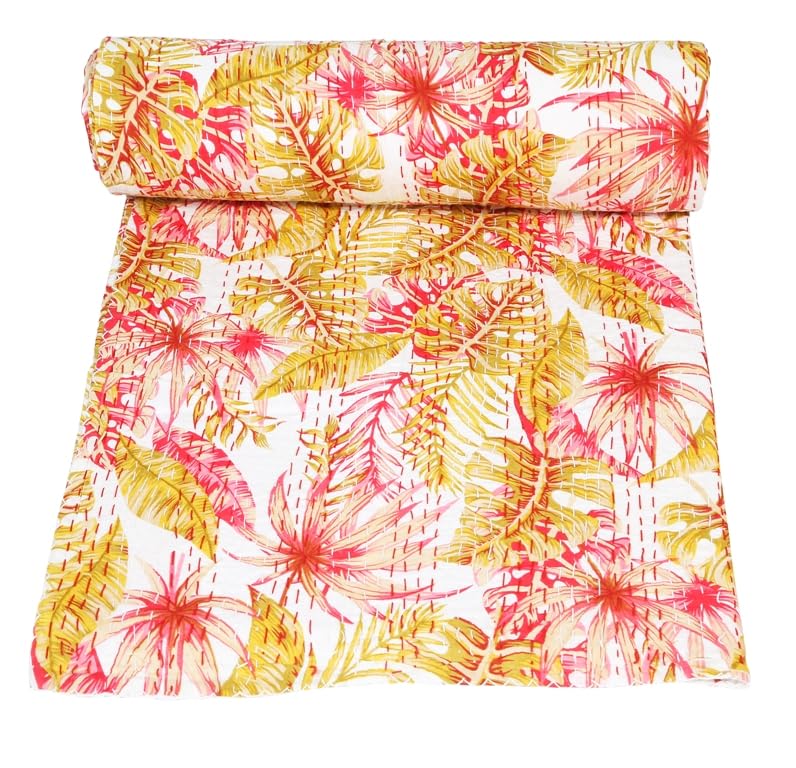 MAVISS HOMES Indian Block Print Quilt Kantha Quilts Queen Size Kantha Throw Quilt Blanket Kantha Bedspreas Pure Cotton Quilt King Size Quilt Indian Quilt (Orange, Twin 90 X 60 Inch)