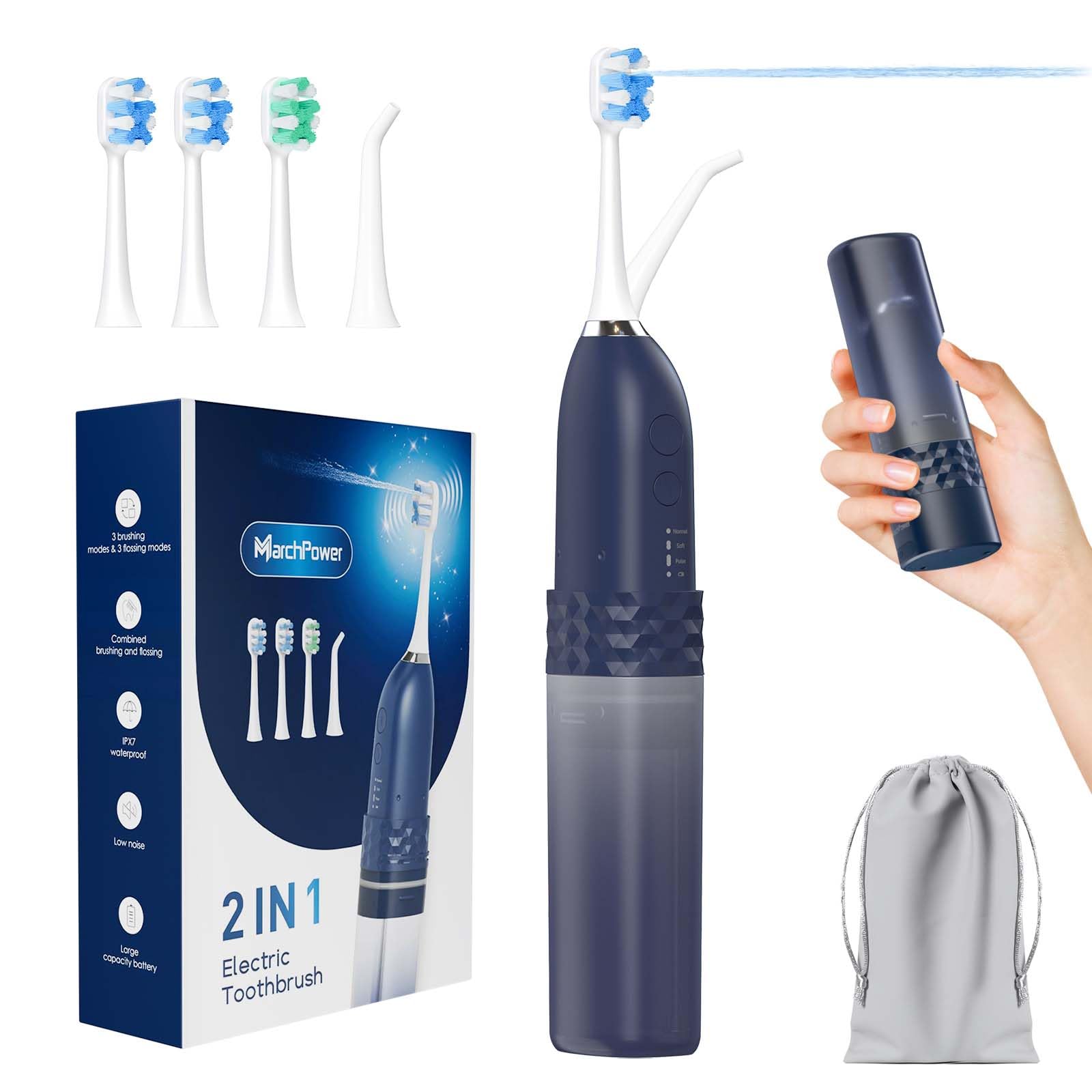 Marchpower Upgraded 2-in-1 Electric Toothbrush with Water Flosser, Ultrasonic Cleaning & 3+4 Smart Modes, Portable Oral Irrigator with Point-Jet,