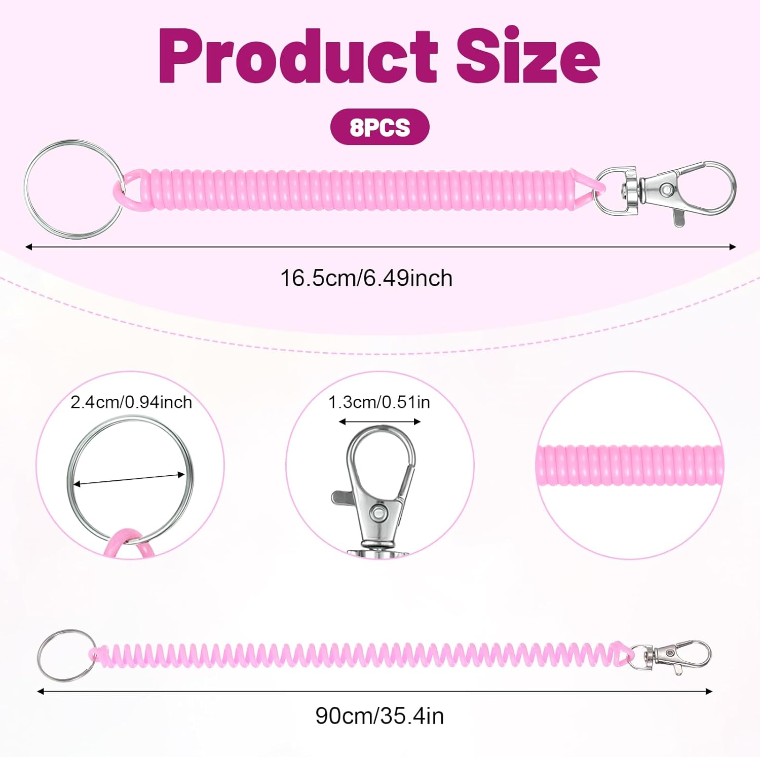 8 Pcs Retractable Spring Coil Keychain, Anti-Lost Stretch Cord Safety Key Chain With Metal Lobster Clasp, Multi-Color Coiled Lanyard Keychain for Wallet Chain Keys Phones(8 Colors) - Image 4