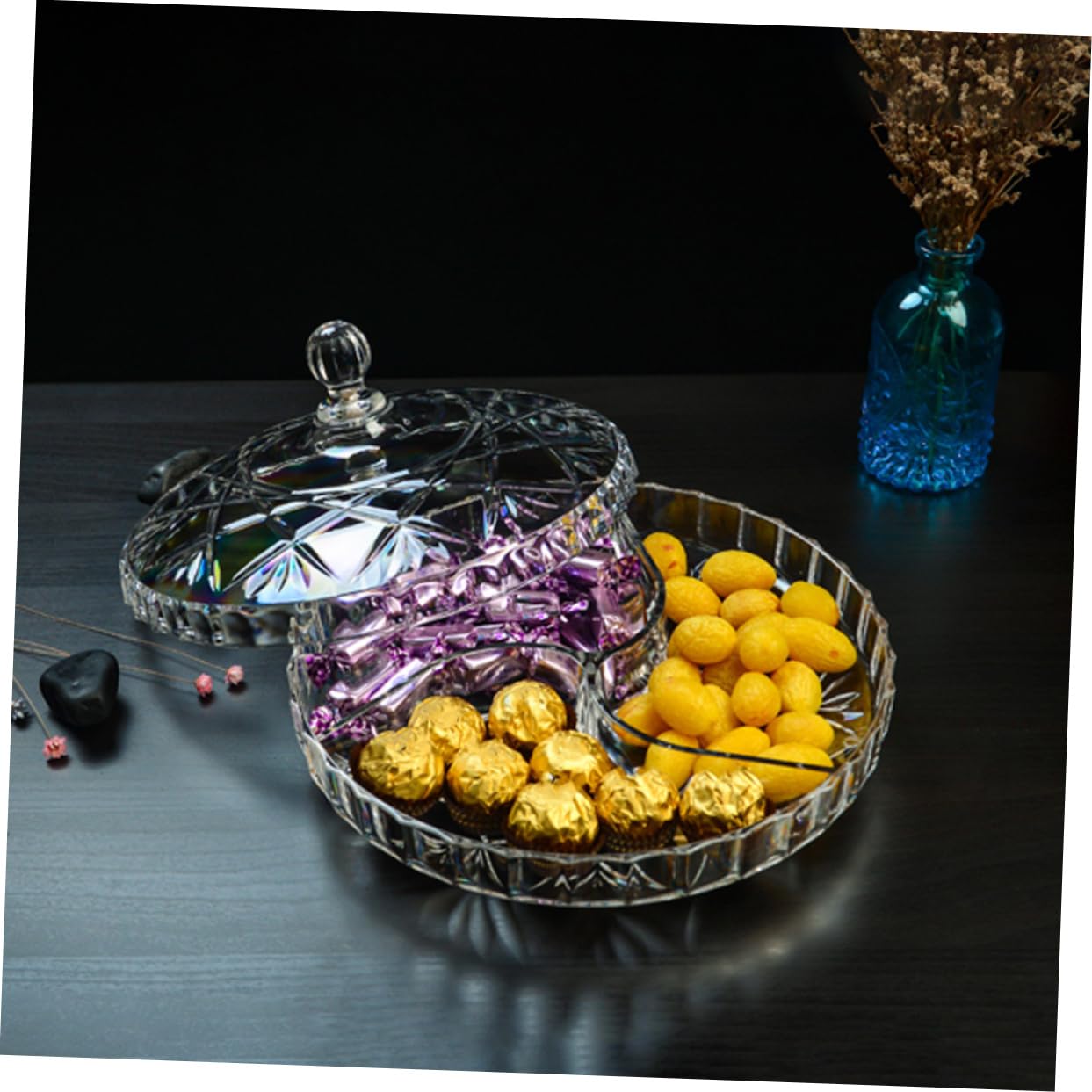 Contenitore Rotondo per Frutta e Snack Trasparente con Scomparti Scatola Multifunzione per Dolci Noci e Snack per Feste e Riunioni