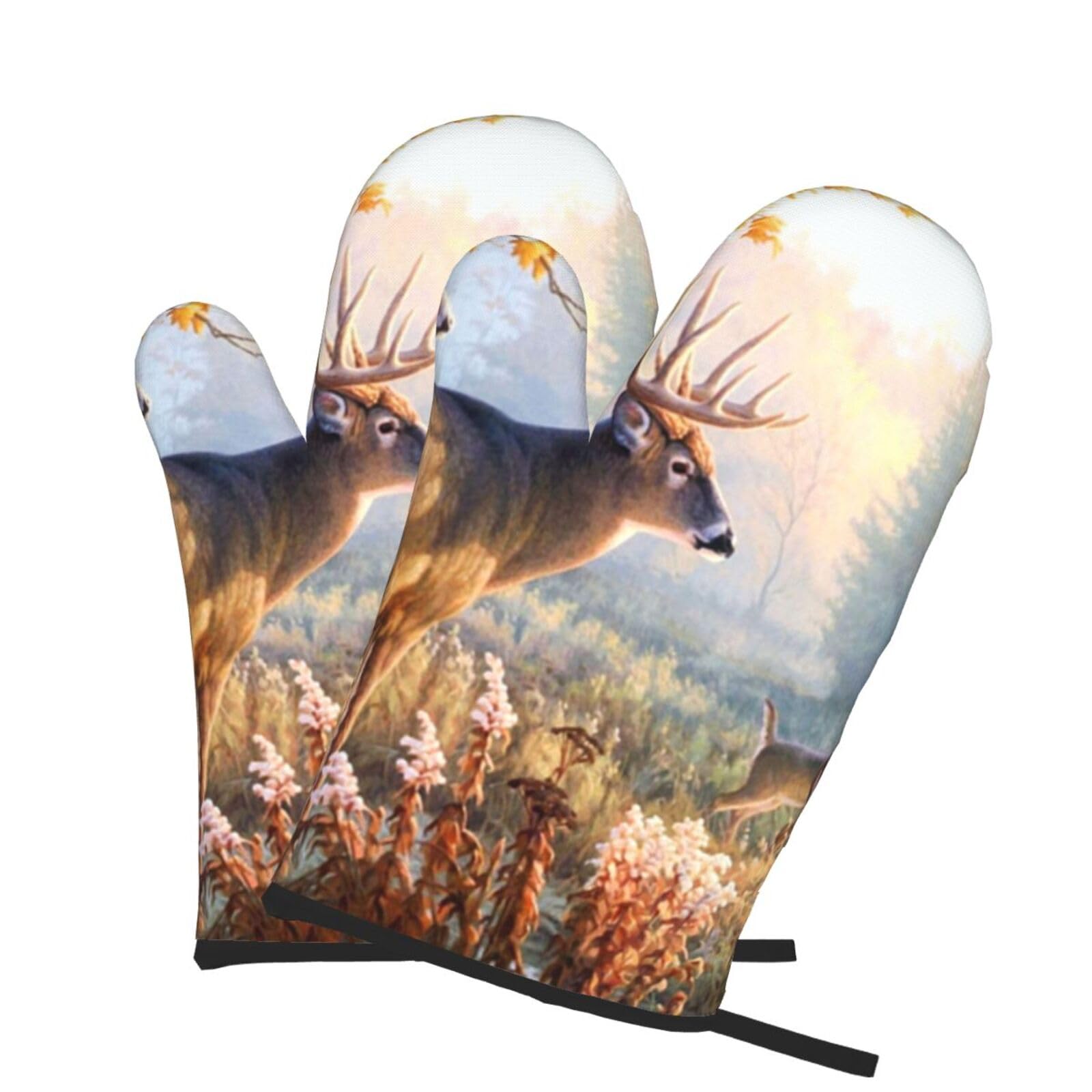 Oven Mitts Set of 2 Pcs, Deer Wildlife Art Prints Heat Resistant Kitchen Gloves for Cooking Baking Grilling