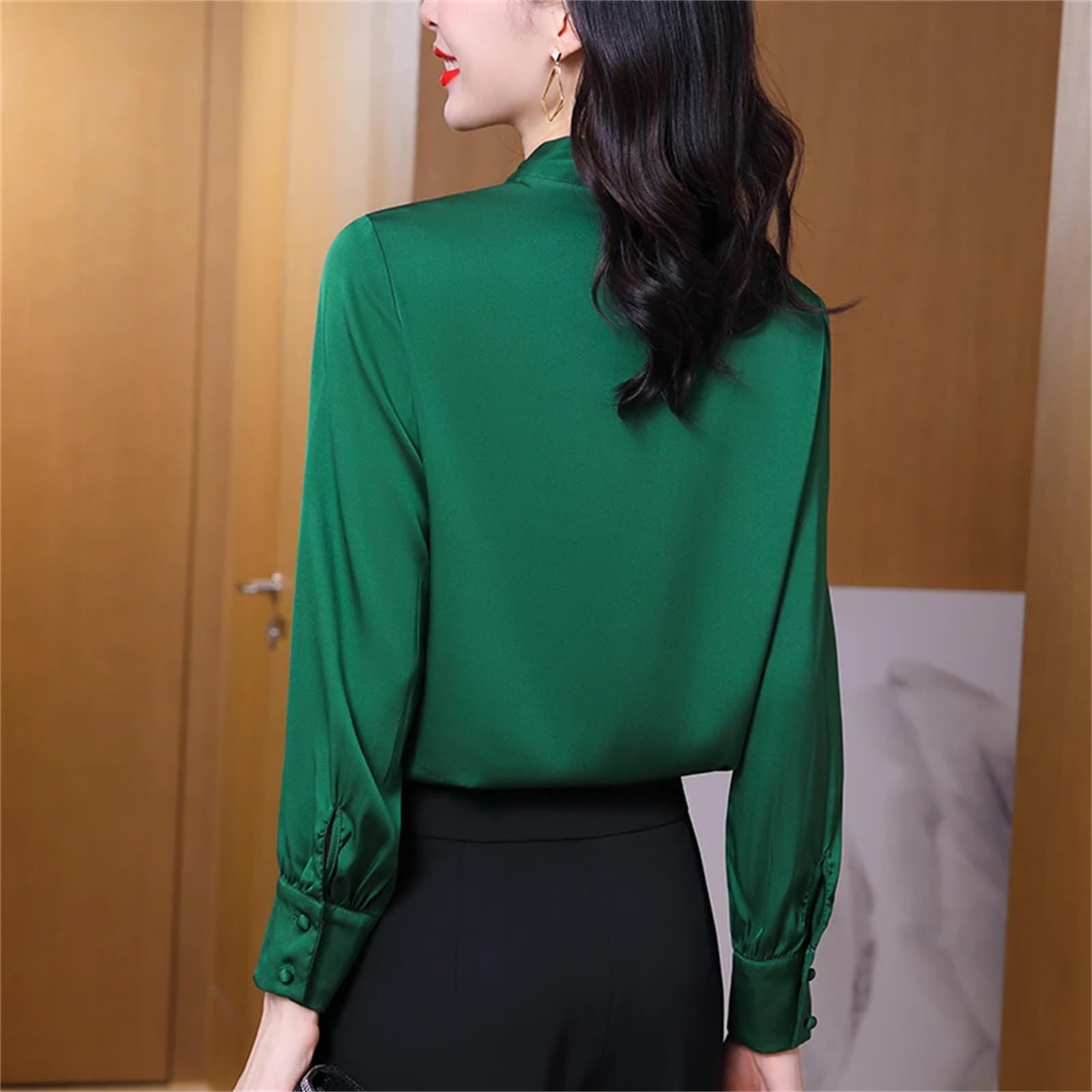 Camisa de moda para mujer, con lazo, de manga larga, de seda, para oficina, color liso