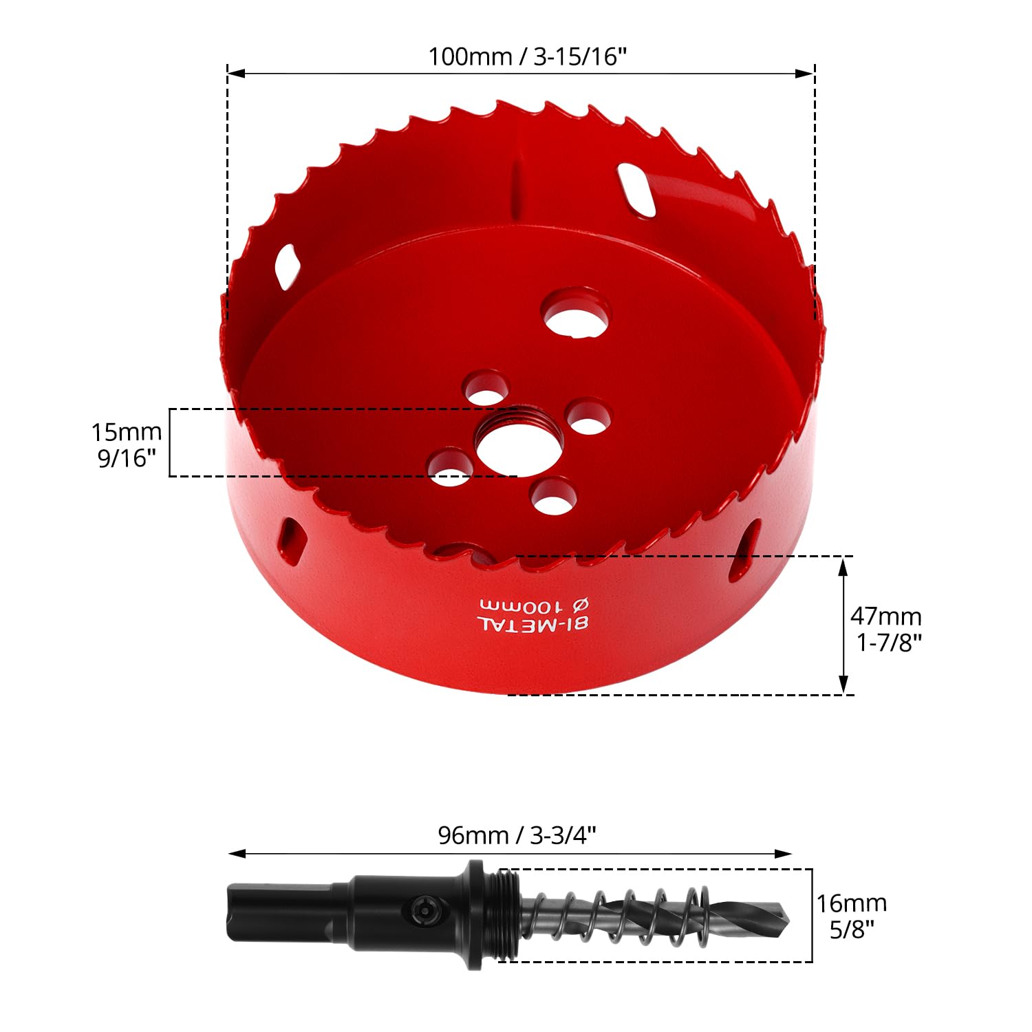 QWORK® Sega a tazza 100mm, M42 Sega a tazza bimetallica, con adattatore esagonale e punta di centraggio, per alluminio, ferro e legno, rosso