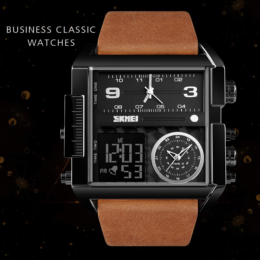 SKMEI Reloj deportivo digital para hombre, LED, cuadrado, esfera grande, analógico, de cuarzo, con cronómetro impermeable multizona horaria, Negro Marrón, Digital