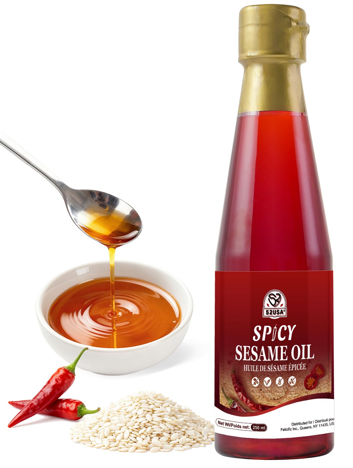 Spicy Sesame Oil, 8.45 Fl oz (250 ml), Toasted Sesame Chili Oil for Cooking, Marinades, 30% Chili Oil+30% Sesame Oil+40% Soybean Oil, Aromatic Chili-Infused Flavor, Bold Heat & Nutty Taste