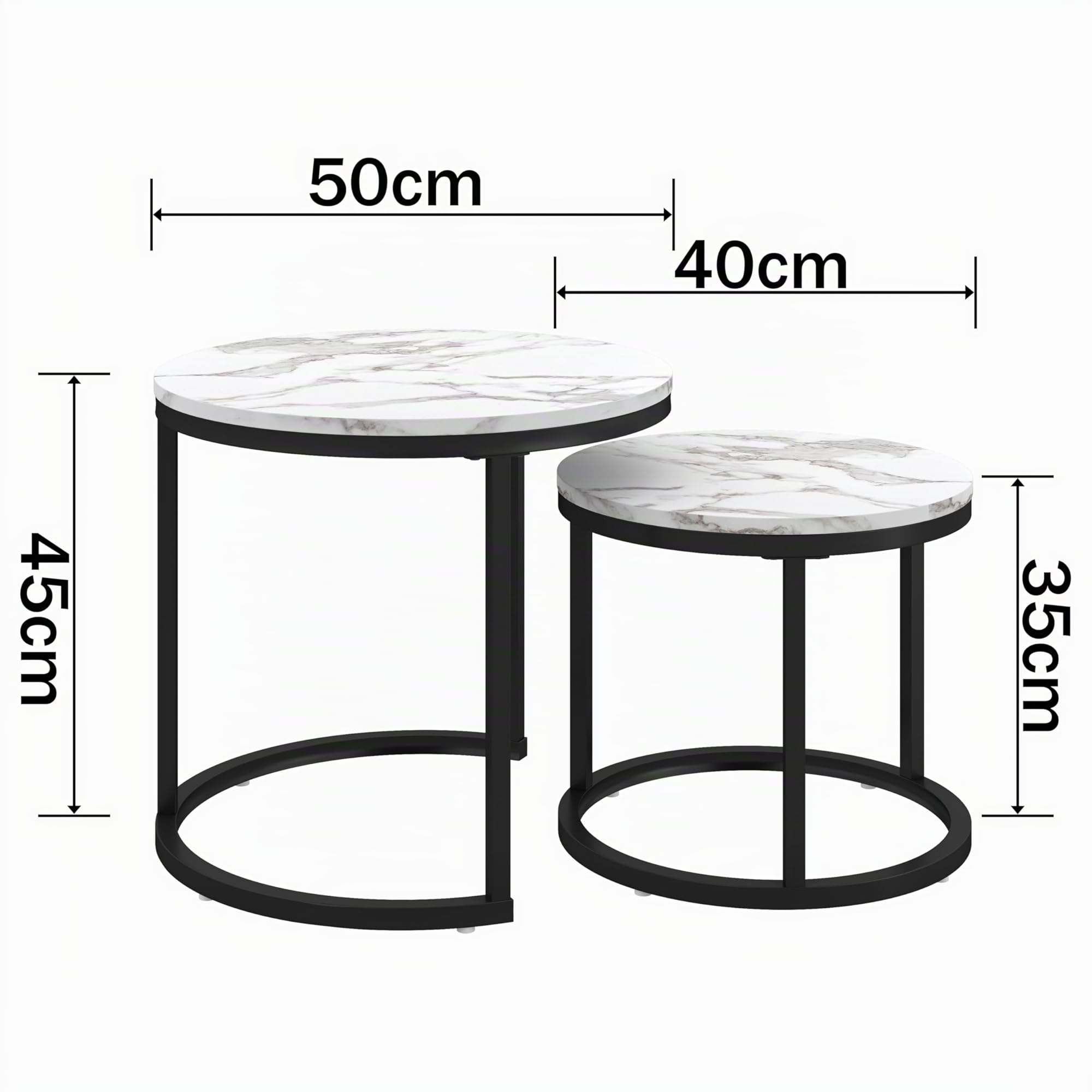 Tavolino Salotto Rotondo, Set di 2 Tavolino Soggiorno Moderno, Gamba in Metallo Nero, Adatto per Soggiorno, Caffetteria, Lounge 50x45cm +40x35cm (Bianco+Nero)