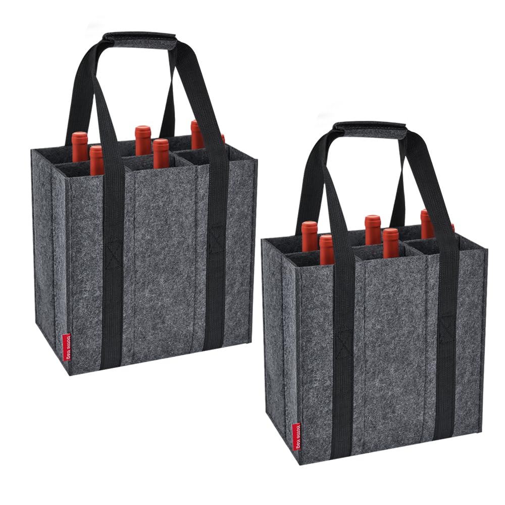 Eurhomewit 2 Pack Wine Bottle Carrier 6 Compartments, Bottle Bag Felt Wine Tote Bag Holder with Protable Handles, Reusable Wine Bottle Bag for Transporting Red Wine, Champagne, Beer and Water Bottles