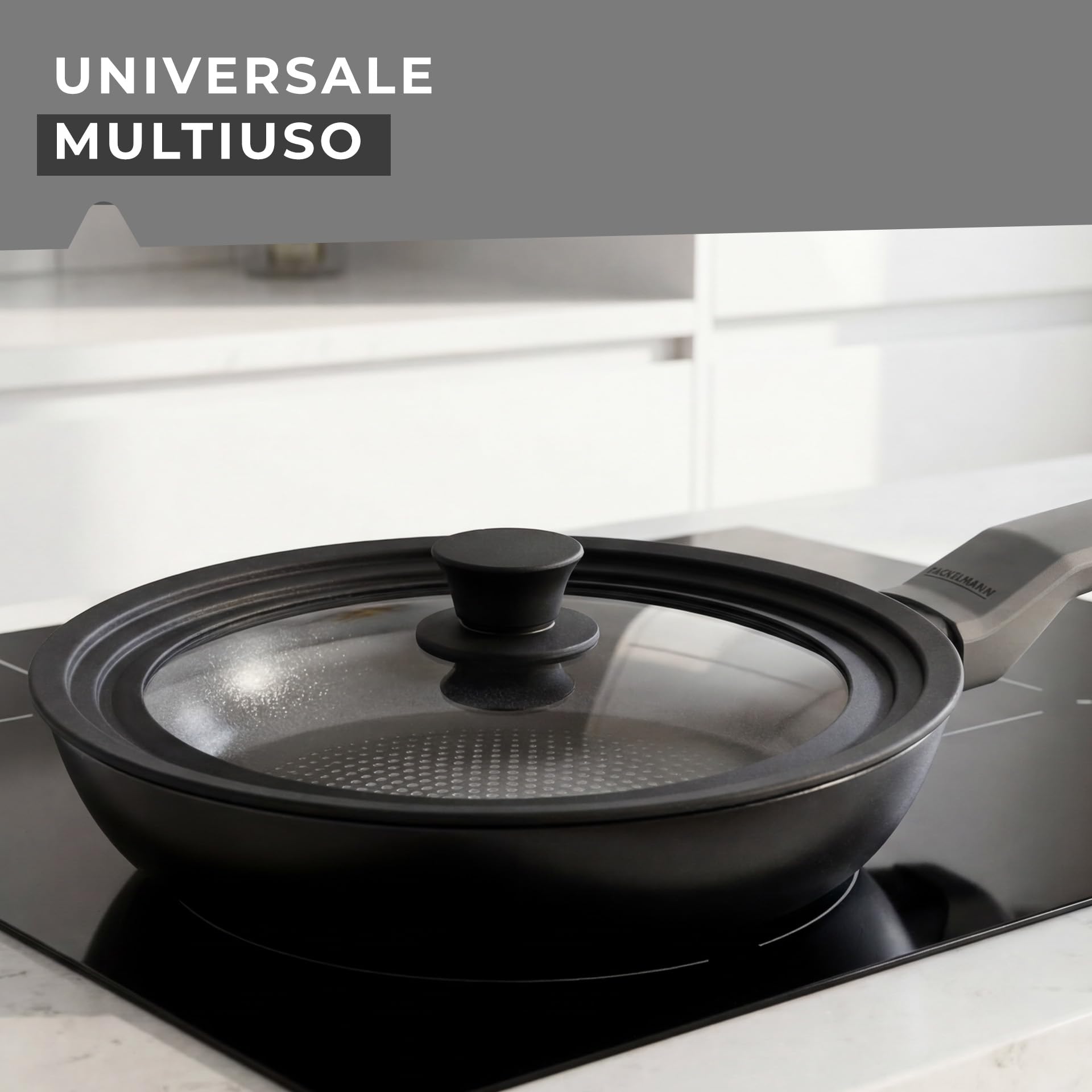 Fackelmann Coperchio Universale in Vetro Ø24–26–28 cm con Bordo in Silicone, Valvola Vapore e Pomello ergonomico Soft Touch – Coperchio per Pentole e Padelle