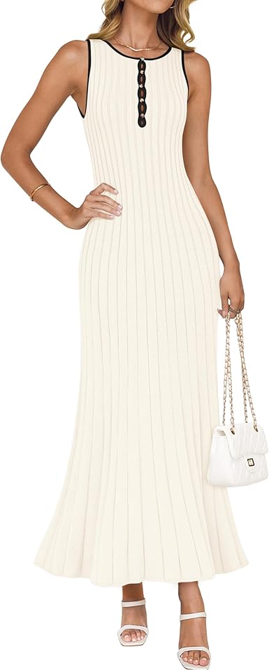 ZESICA Womens 2025 Summer Long Maxi Dress Sleeveless Crew Neck Hollow Out Pleated Ribbed Knit Swing Tank Dresses