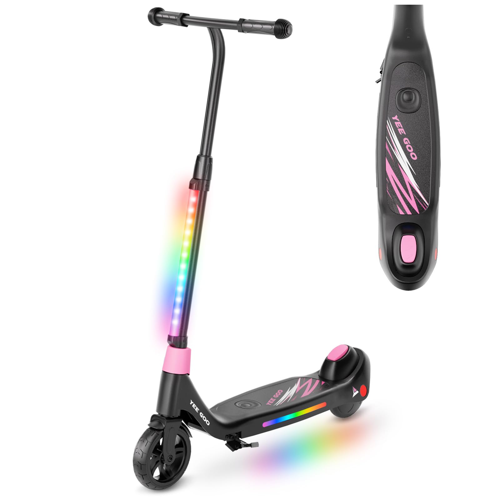 Trottinette Electrique Enfant - pour Enfants 5-12 | Max 8 km/h - Réglable en Hauteur | Commande à pédale | Lumières LED Colorées | Frein à Pied | Légère.