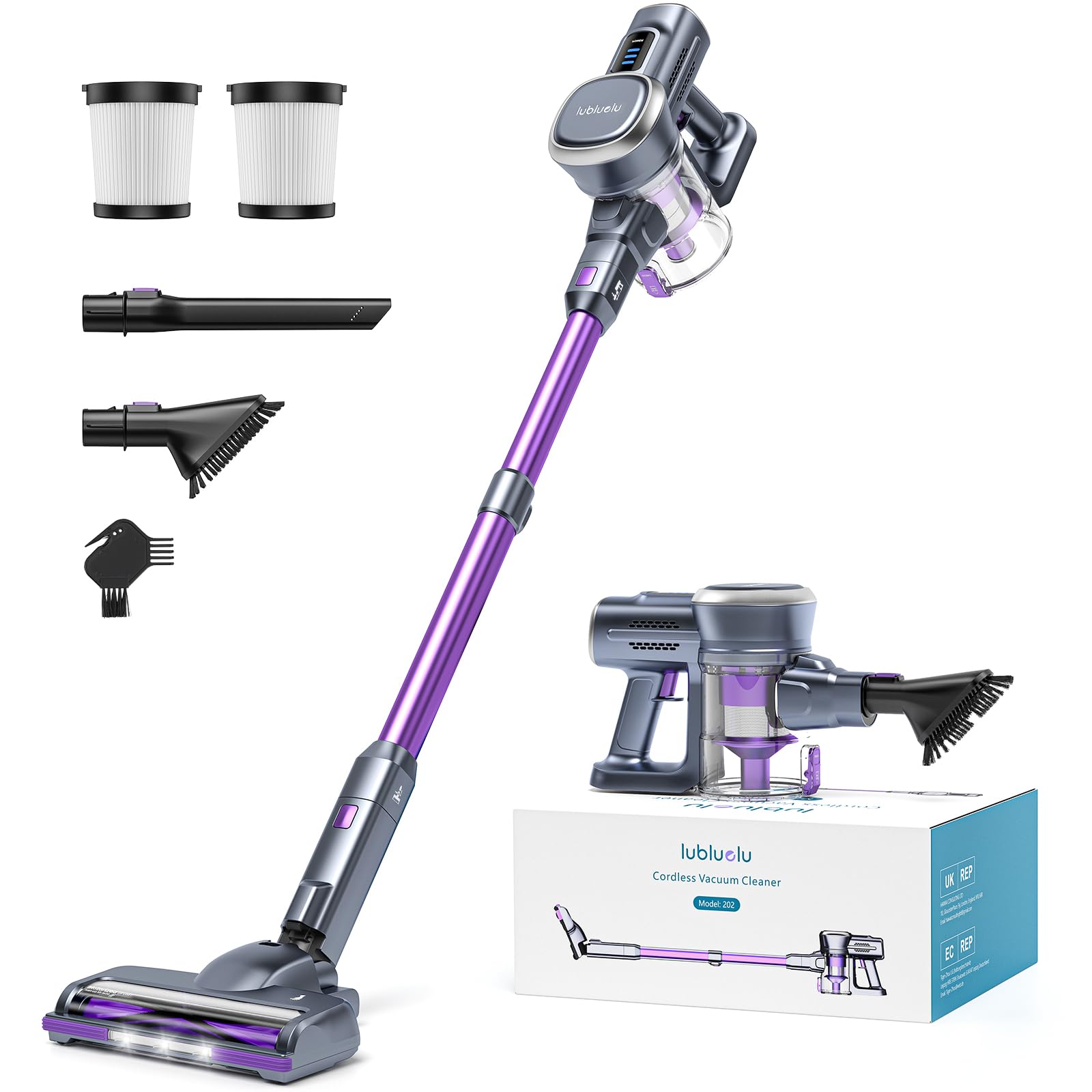 Lubluelu Cordless Vacuum Cleaner 25000 Pa, Freestanding Battery Vacuum Cleaner with 50 Minutes Running Time, Flexible Stick  Handheld Vacuum Cleaner for Pet Hair, Carpets and Hard Floors