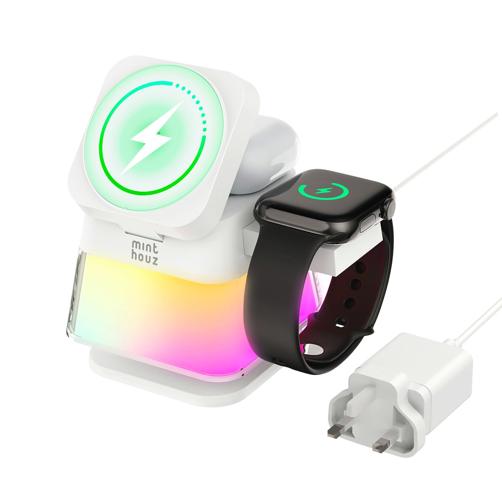 Minthouz Stazione di ricarica 3 in 1 per iPhone, caricabatterie wireless veloce da 15 W con lampada notturna, supporto magnetico pieghevole da viaggio per iPhone 17/16 15 14 13/Apple Watch/AirPods
