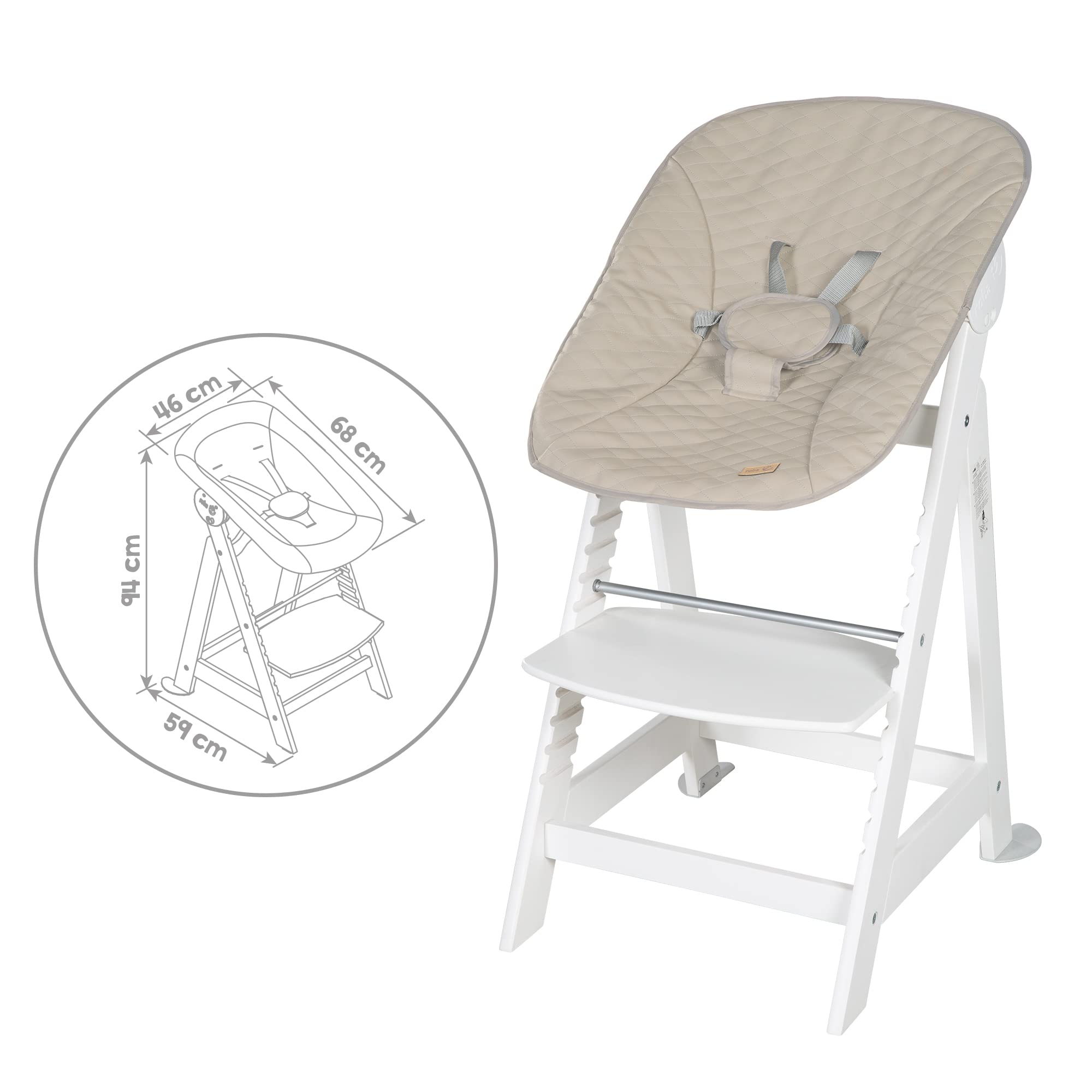 roba Seggiolone "Born Up" Set 2 in 1 - Design "Grigio trapuntato" - Funzione Pieghevole - Imbracatura - 2 Posizioni - da 0 a 6 Mesi - Legno Laccato Bianco/Grigio