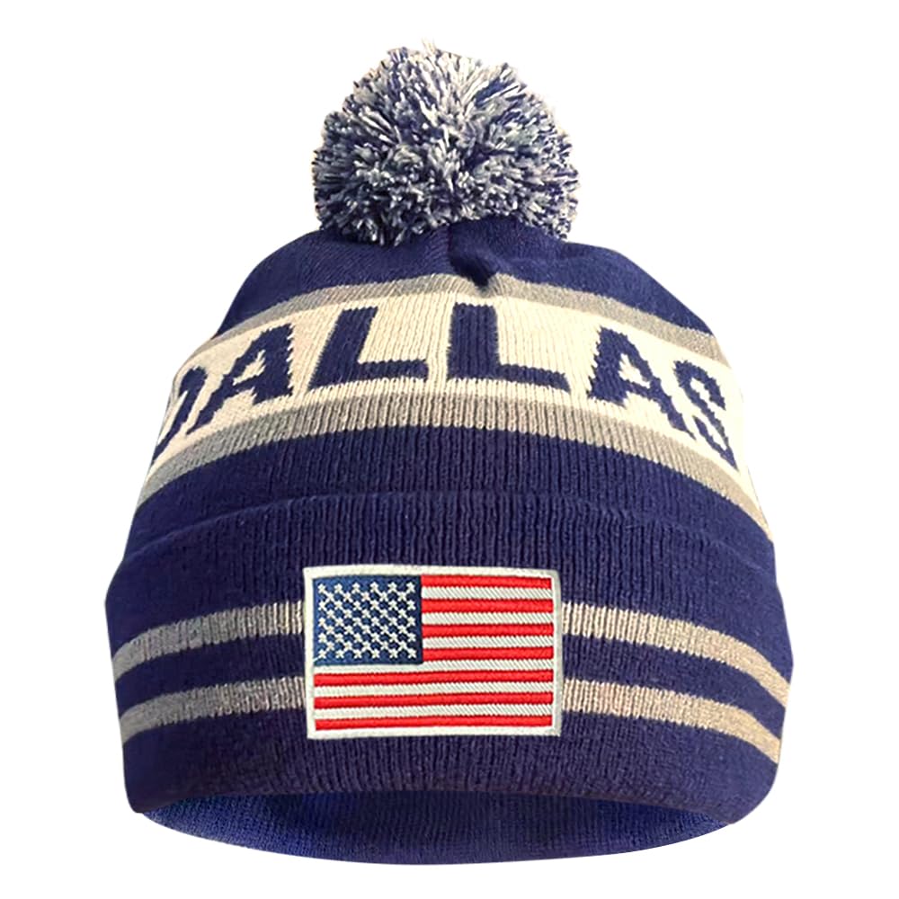 Cayyon US Flag City Football Embroidery Classic Pom Cuff Dallas Beanie Hat Cuffed Winter Soft Beanie Knit Pom Hat Cap Blue, Blue, One size