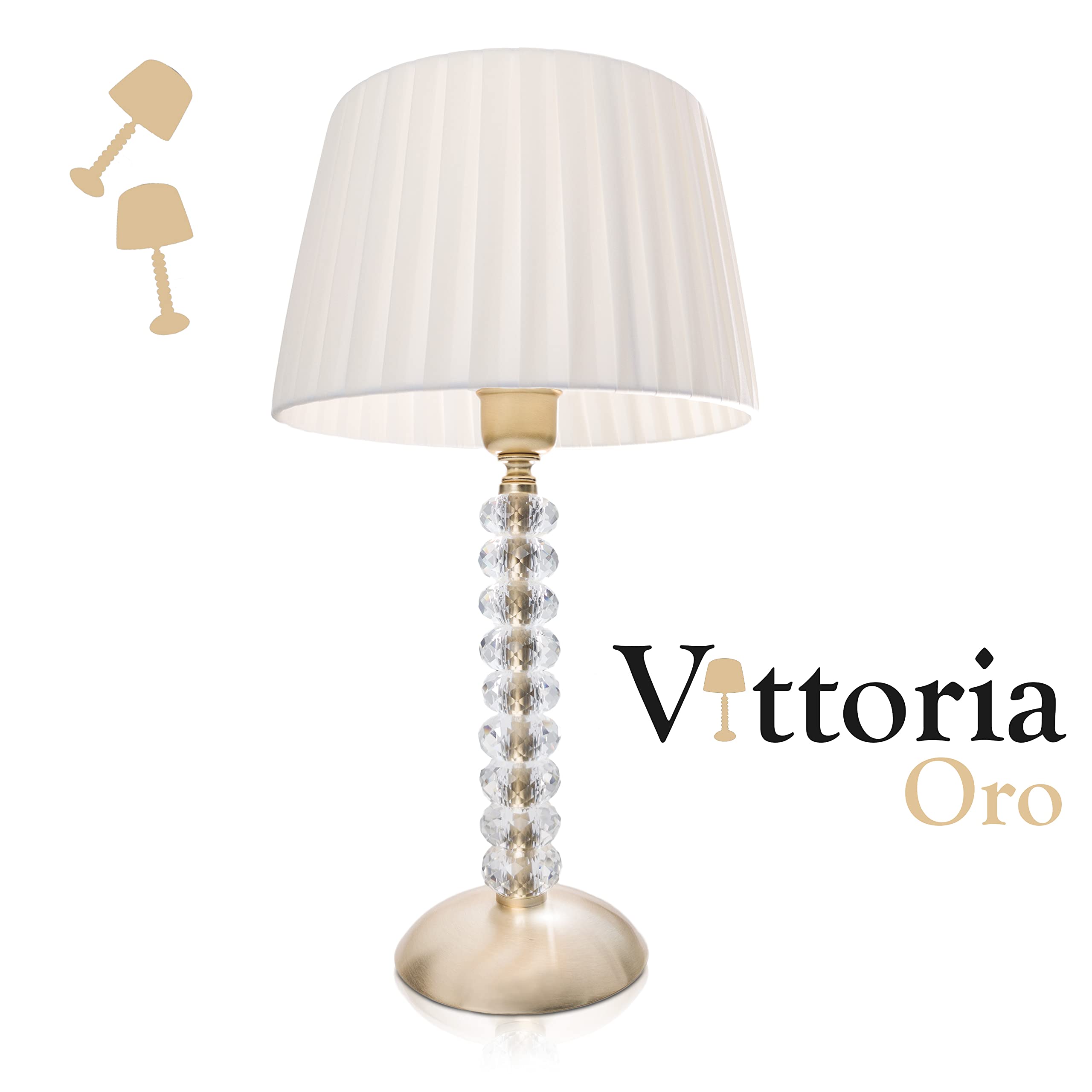 Vittoria: Lampada da tavolo elegante in vero Cristallo con rifiniture in Cromo Lucido e Oro Satinato e paralume fatto a mano Avorio | Lampadina inclusa