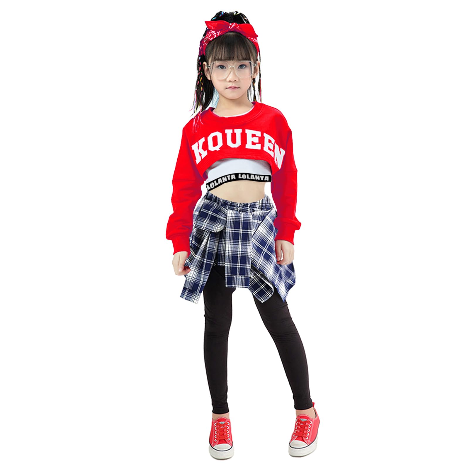 LOLANTA Costume da danza hip hop da bambina, 3 pezzi, con stampa a lettere e top corto a maniche lunghe + culottes pantaloni + gilet
