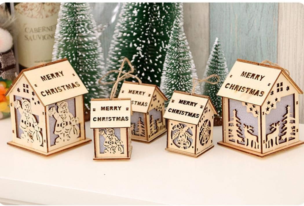 Voiks Wooden House Christmas Decoration,Pre-Lit Hanging Houses Bauble Christmas Tree Decoration, 2 Size - Multi-Colour