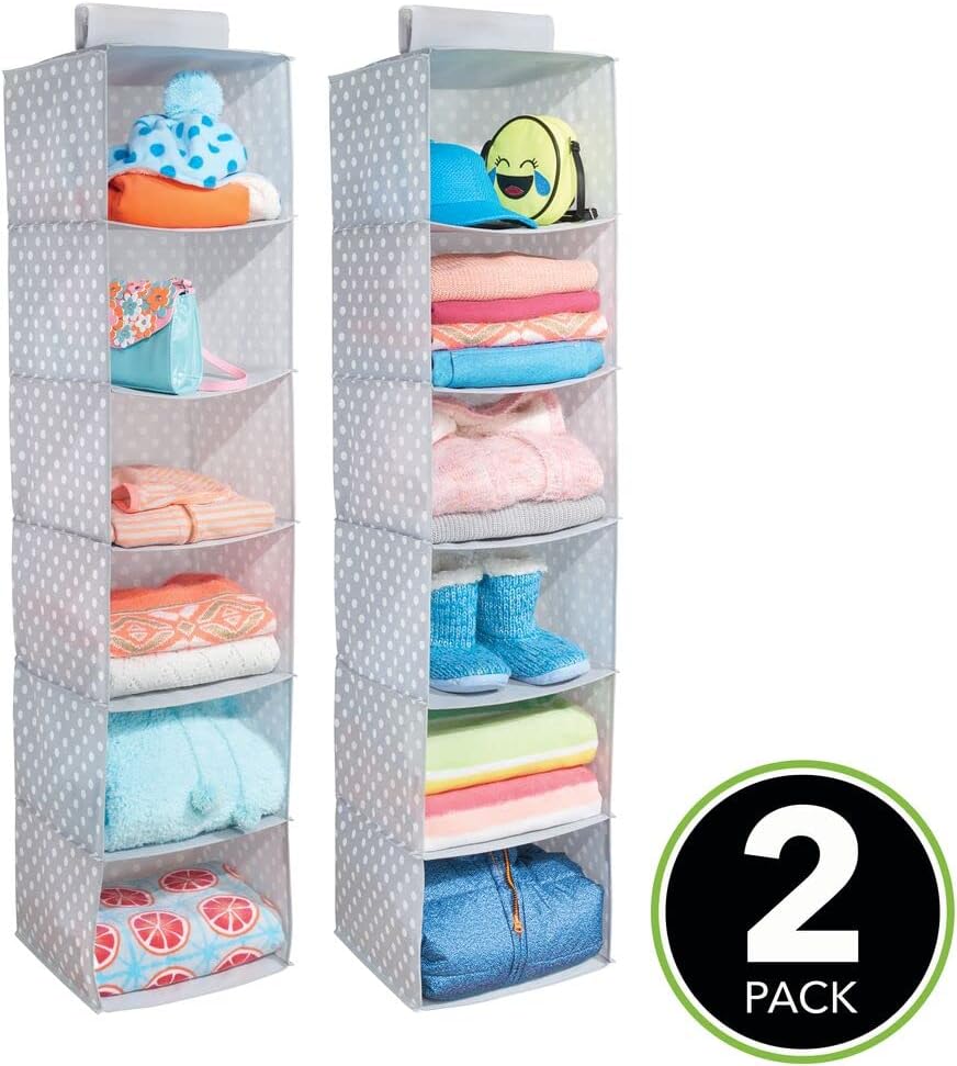 mDesign Soft Fabric Over Closet Rod Hanging Storage Organizer with 6 Shelves for Child/Kids Room or Nursery - Polka Dot Pattern - 2 Pack - Light Gray with White Dots