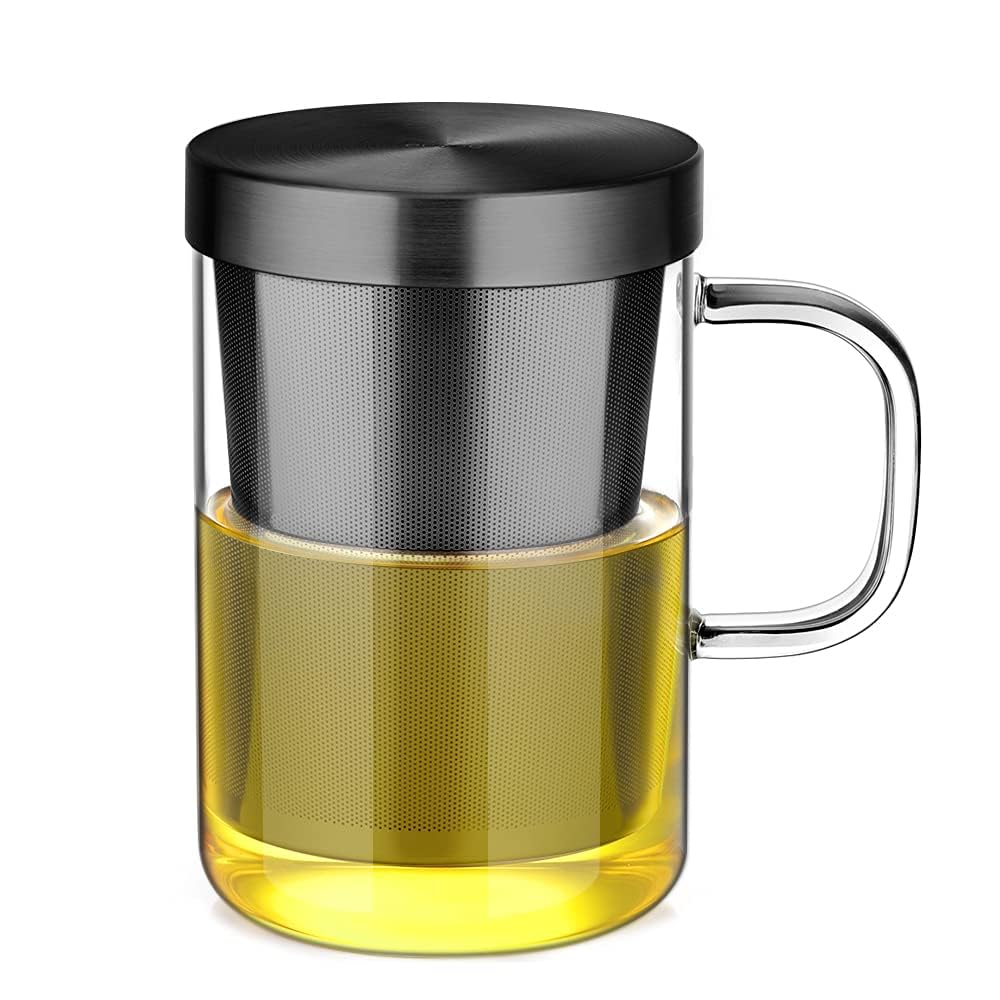 ecooe16.9oz Glass Tea Cup with Infuser and Lid Clear Glass Tea Cup with Removable Stainless Steel Infuser & Lid, 500ml Teacup for Loose Leaf Tea, Tea Maker Gift for Birthday (Black)