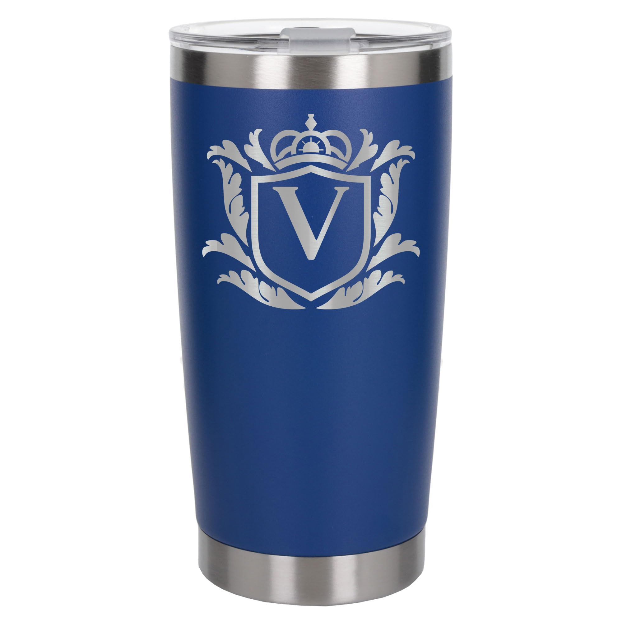 Customised Gifts 500ml Engraved Shield Initial Monogram Insulated Personalised Dark Blue Travel Mug for Men and Women - Personalised Initial Coffee Travel Mug for Hot and Cold Beverages, Letter V — image 1