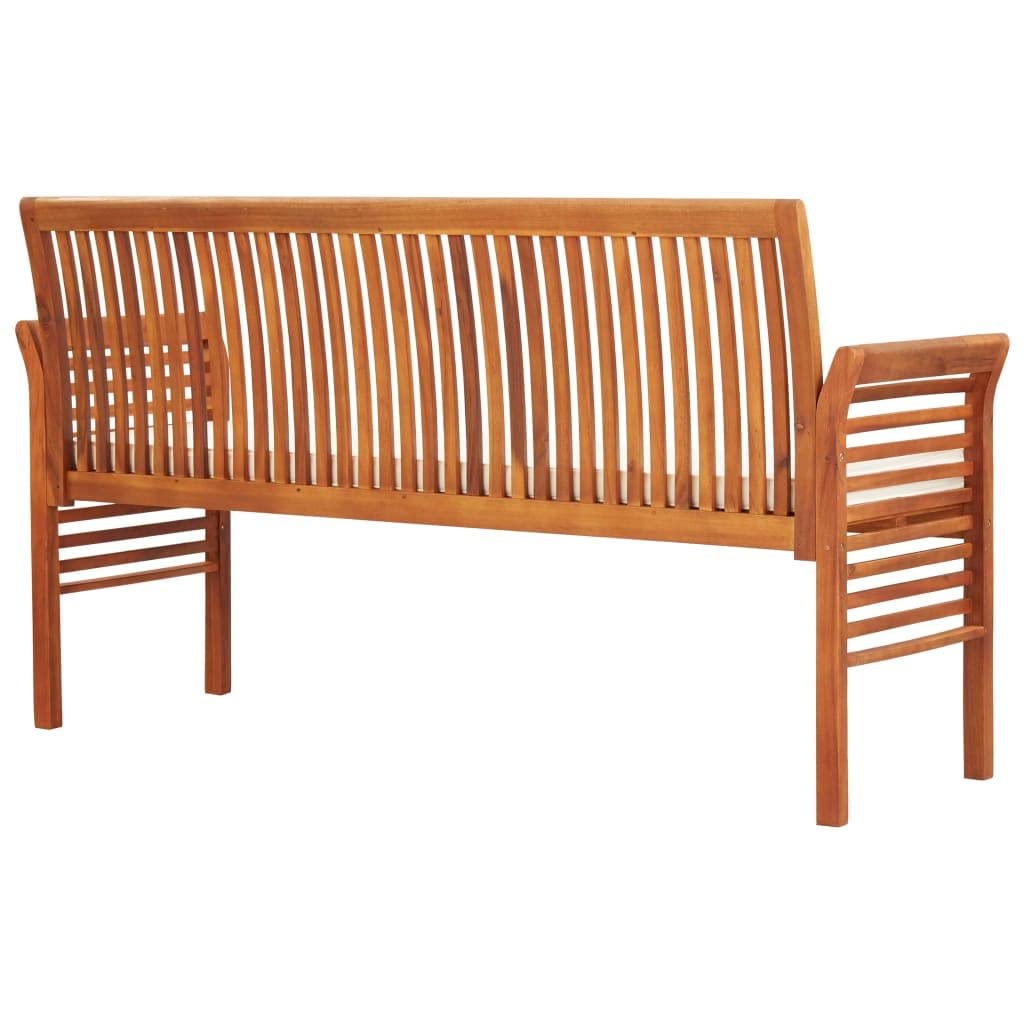 Banco de jardín de 3 plazas, 150 cm, acacia tratada al aceite, con revestimiento de color crema, resistente de madera, banco de comedor para terraza, balcón y salón