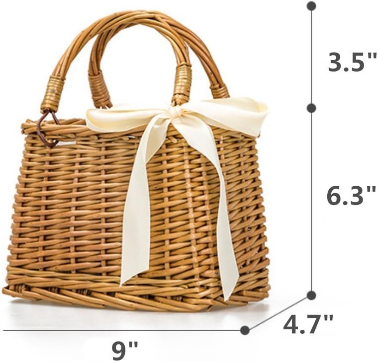 QTMY Bow Rattan Woven Bag Straw Bags Top Handle Wicker Baskets Handbags Boho Style Beach Bag Flower Basket