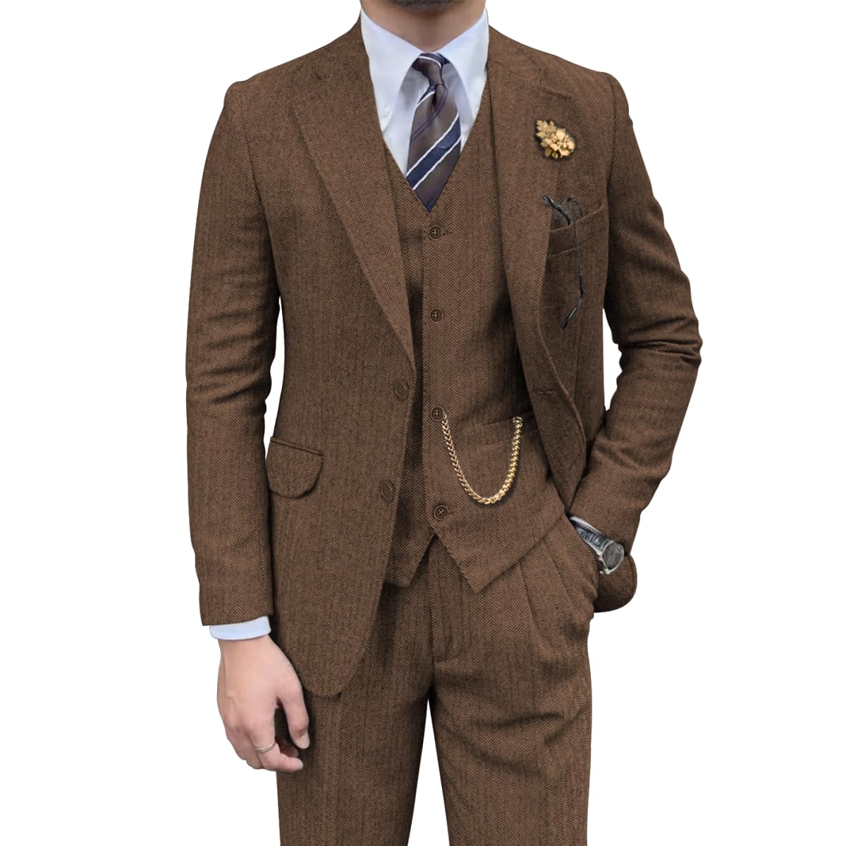 Retro Mens 3 Piece Suit Tweed Herringbone Slim Fit Suits Groomsmen Brown Tuxedos Set Prom Jacket Blazer Vest Pants for Men, Brown, XXL