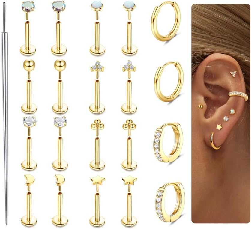 Sanfenly Threadless Flat Back Earrings Studs 316L Surgical Steel Cartilage Earrings for Women Men Push in Nose Rings Studs 20G 18G 16G CZ Opal Tragus Helix Conch Lip Labret Medusa Nostril Piercing Jewelry Hypoallergenic