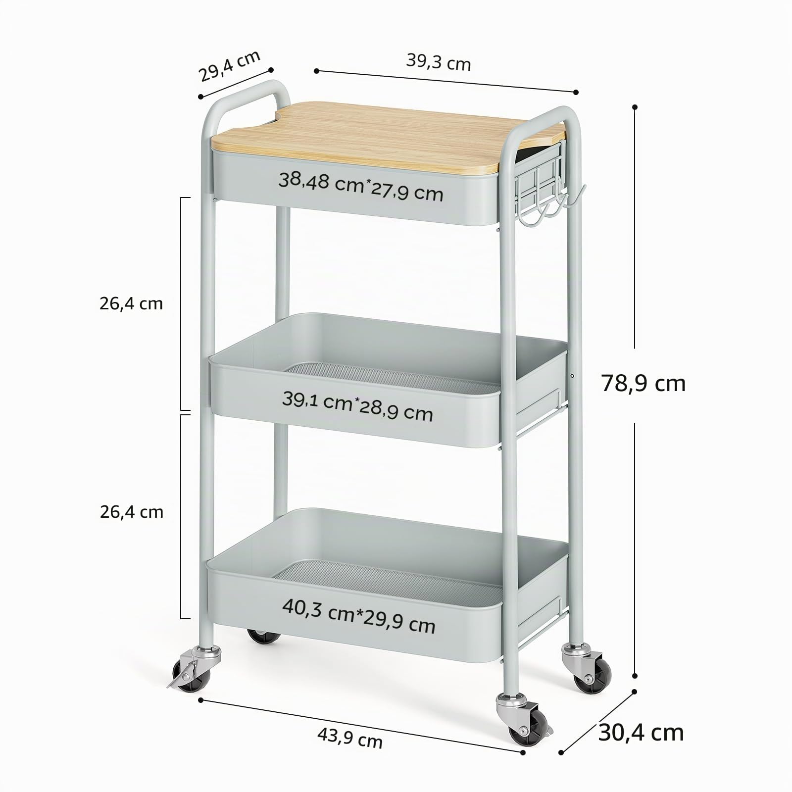 kingrack Chariot à roulettes à 3 niveaux, chariot utilitaire en métal avec plateau en bois amovible, chariot de rangement pour loisirs créatifs, chariot de service facile à assembler, vert