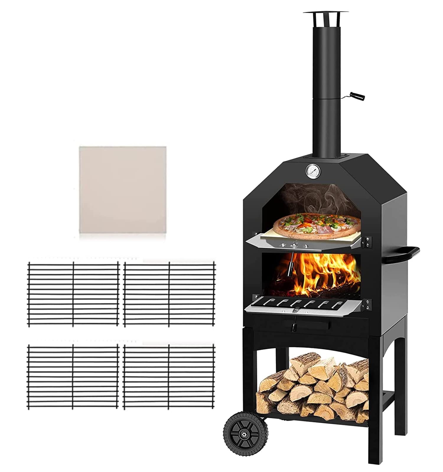 RUN.SE Outdoor Pizza Oven, Wood Fired Pizza Oven for Outside with Grill, 12  in Pizza Stone and Wheels, Pizza Maker Camping Cooker with 2 Layer Steel  for Backyard Party : Amazon.ca: Patio,