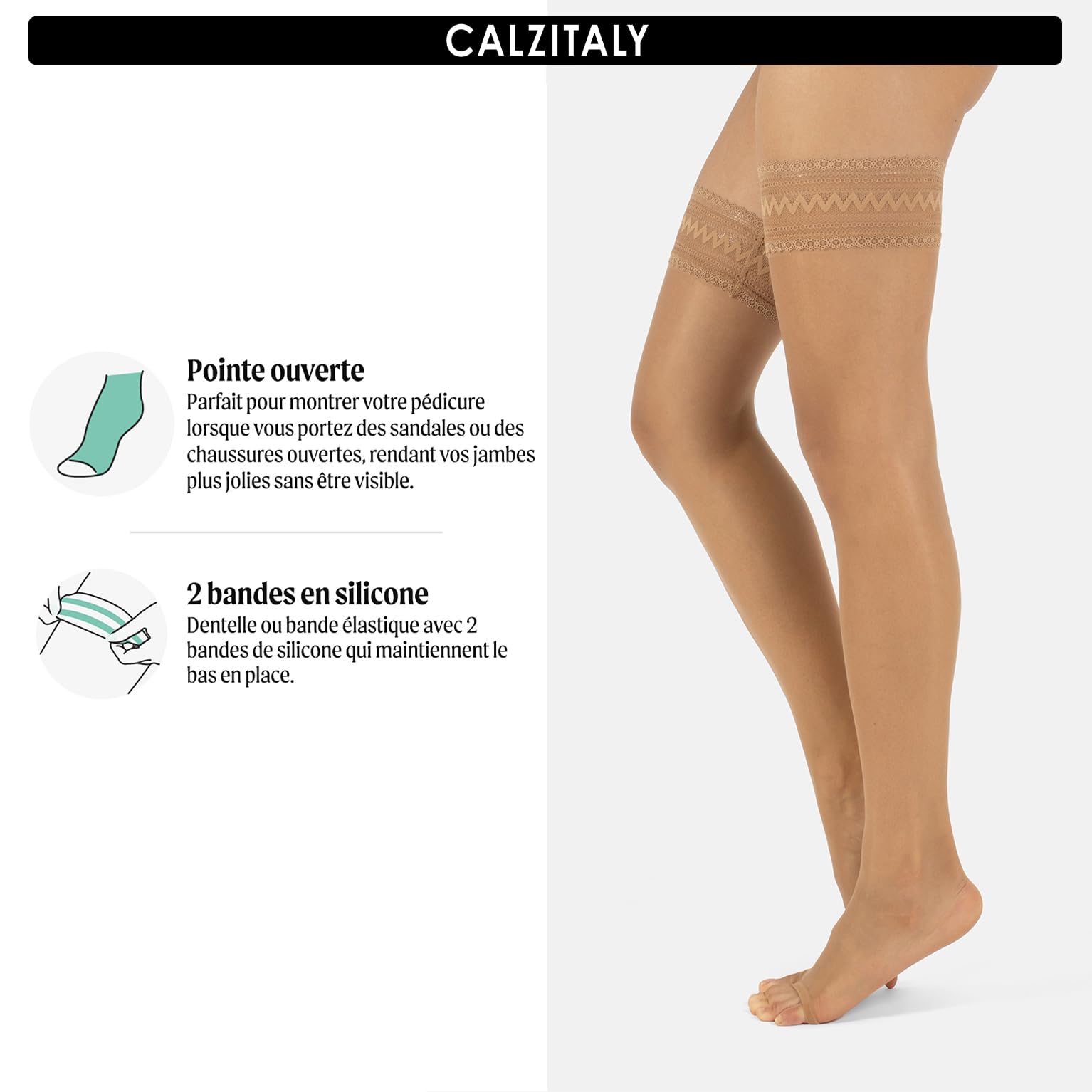 CALZITALY Bas sans dos nu pour femme sans orteils bas bustier avec dentelle ouverte 10 DEN, noir, naturel, S-M, L-XL, Made in Italy