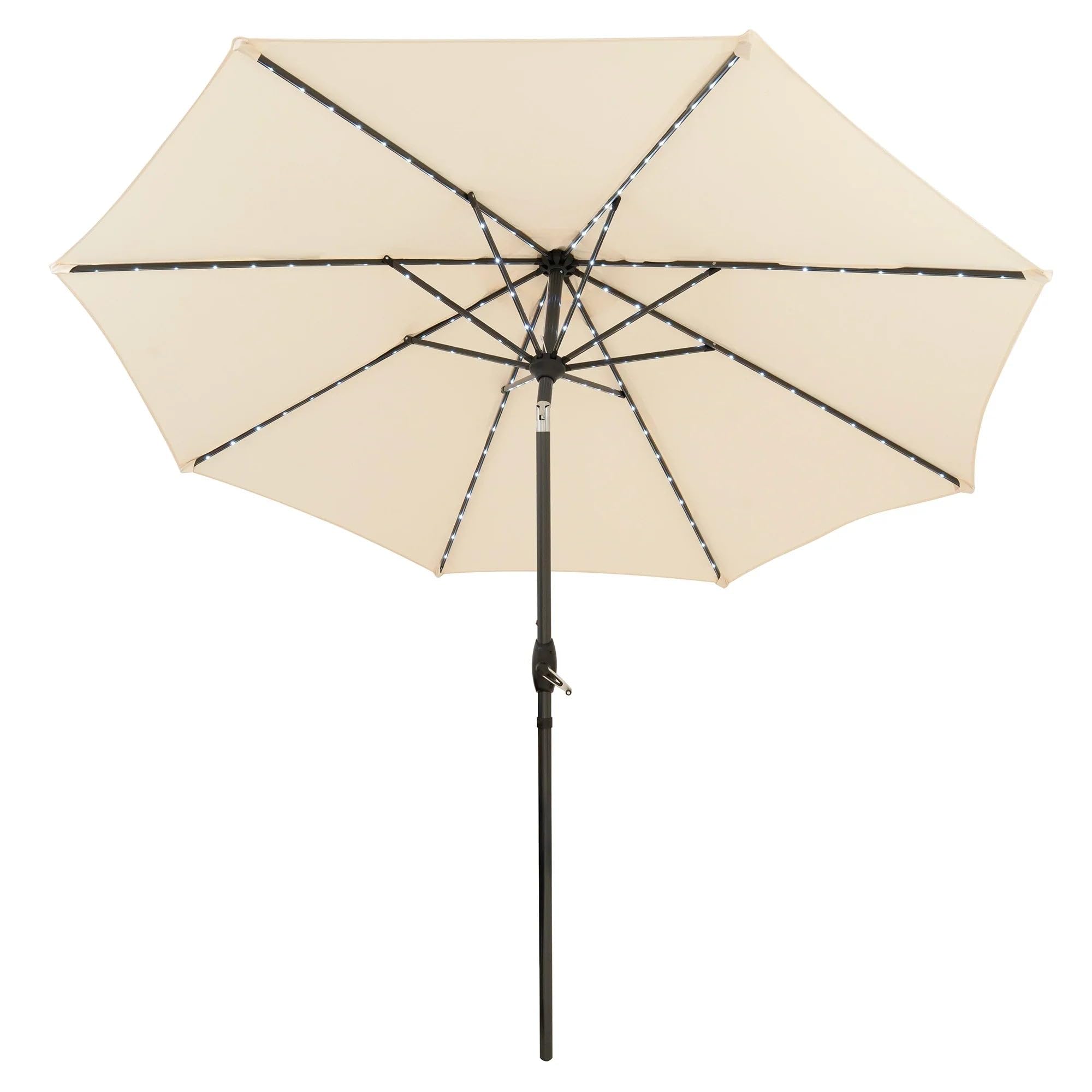Cream 2.7m LED Tilt Parasol Umbrella Garden Sun Shade Canopy Patio Outdoor UV Protection Winding Crank Adjustable 128 Solar Power Lights Cool White 8 Ribs Waterproof Rain Cover