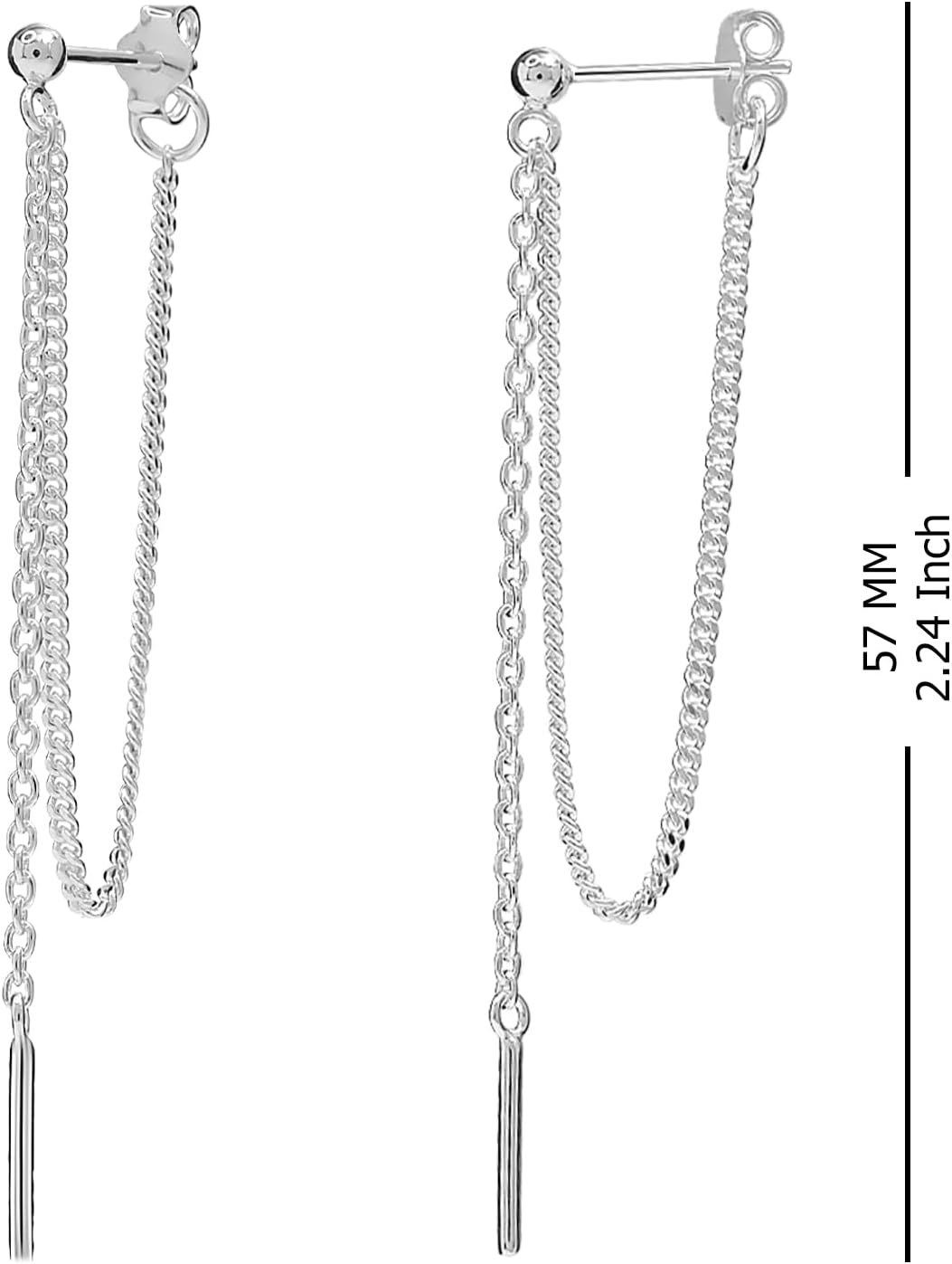 Charmsy 925 Sterling Silver Drop Dangle Earrings for Women | Long Threader Dangle Earrings Chain With Bar 57 MM - Image 5