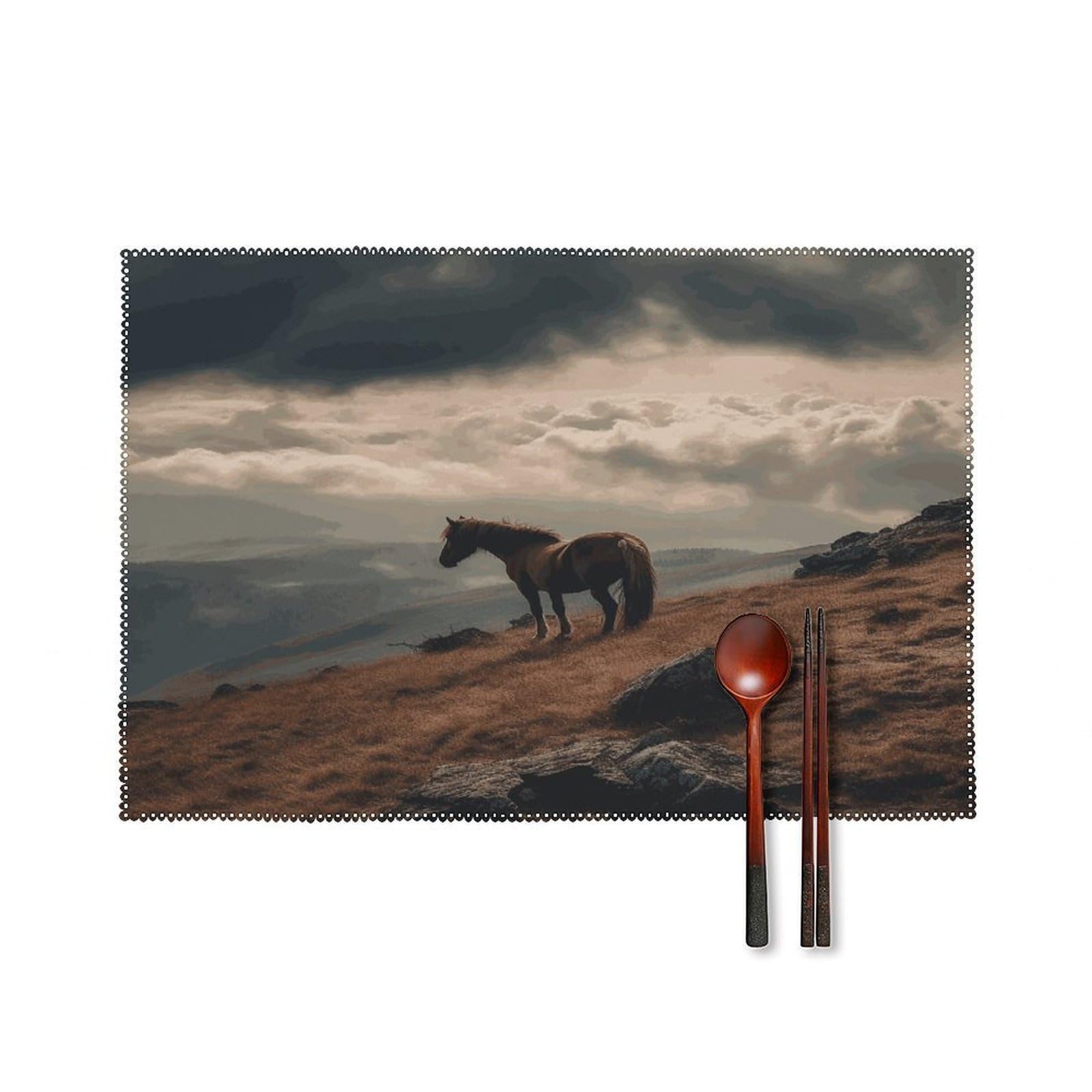 Horse Grazing on The Mountain Placemats Set of 4 Heat Resistant Non-Slip Place Mats for Dining Table Washable Placemat Wipeable Dining Table Mat Canvas Place Mats Dining Table Decor