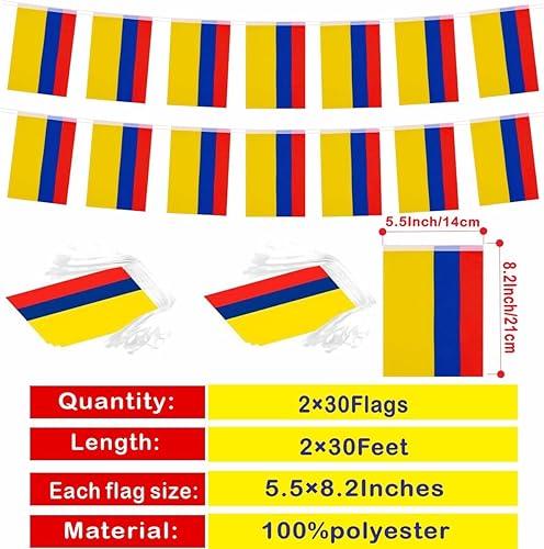 Miniatura 2 de Paquete de 2 banderines de bandera de Colombia, mini banderines colombianos para decoración de interiores y exteriores (60 pies de largo y 60