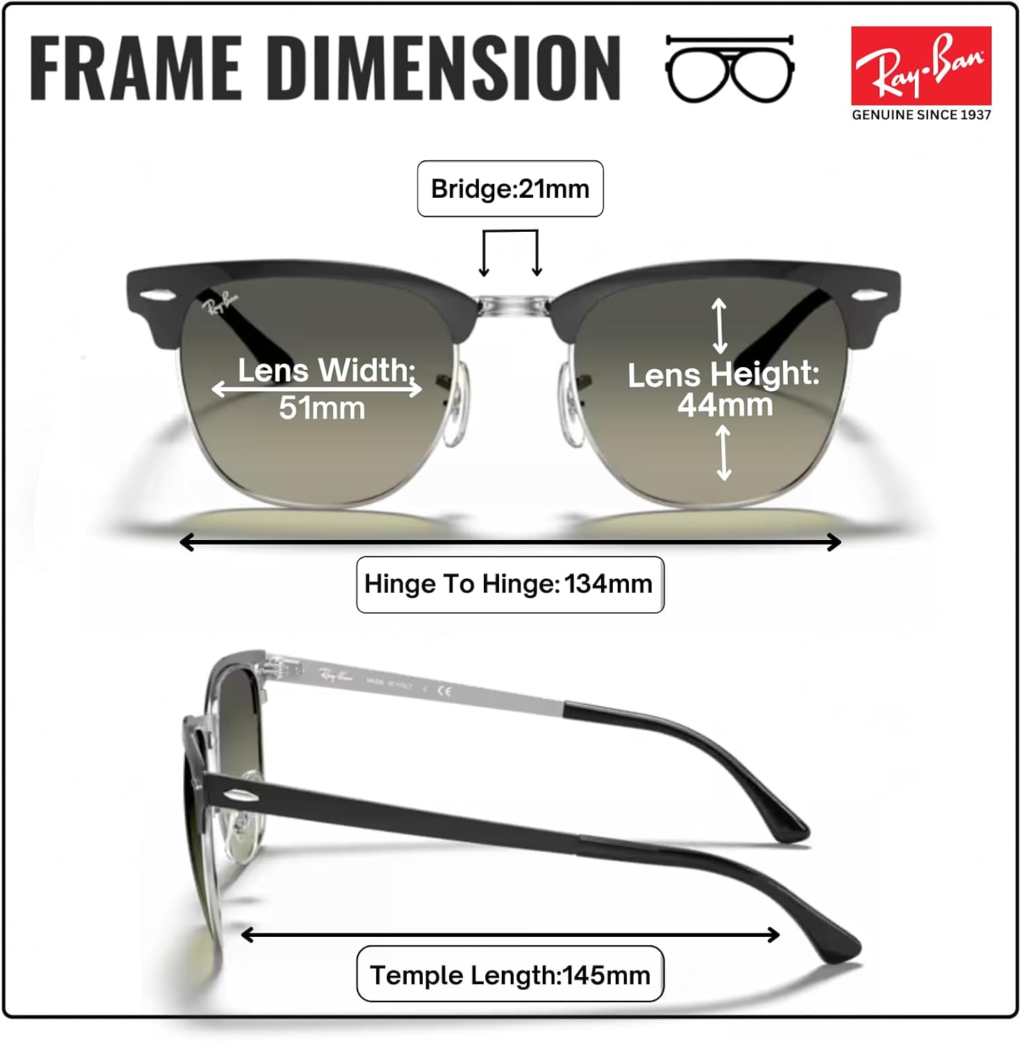 Ray-Ban RB3716 CLUBMASTER METAL Square Shaped Sunglasses for Men & Women with Official RAYBAN Eyewear Kit