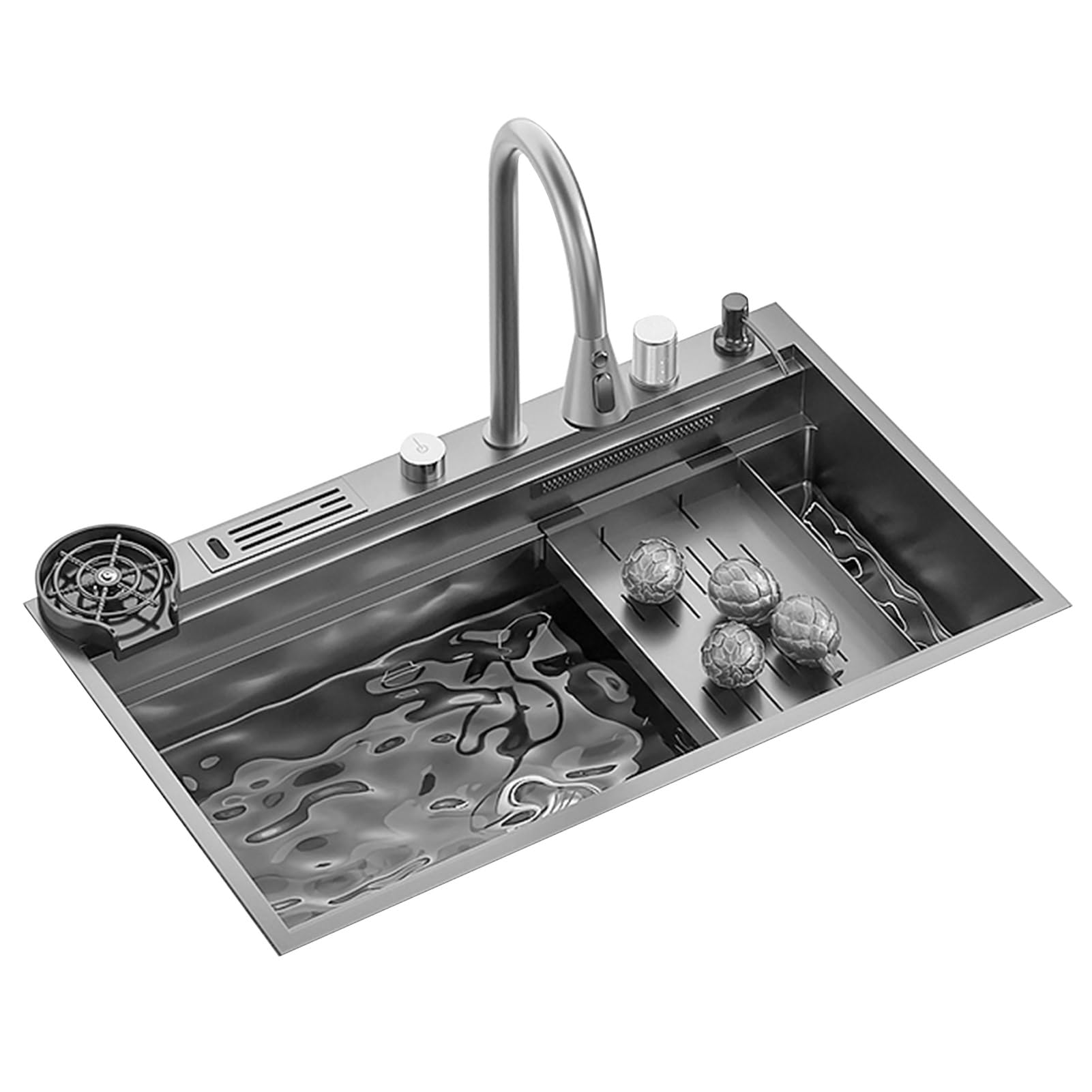 ZQFHSX Kitchen Sink, 304 Stainless Steel Handmade 33.8IN Hidden Waterfall with Pullout Faucet