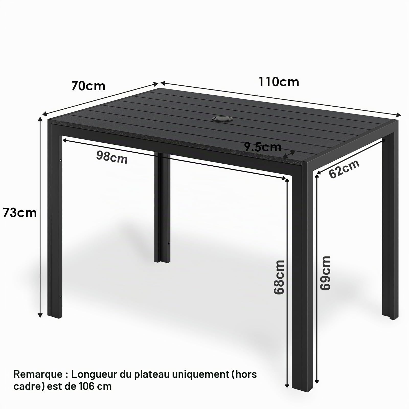 LIFERUN Table de Jardin avec Trou de Parasol, Table Extérieure 110 x 70 cm