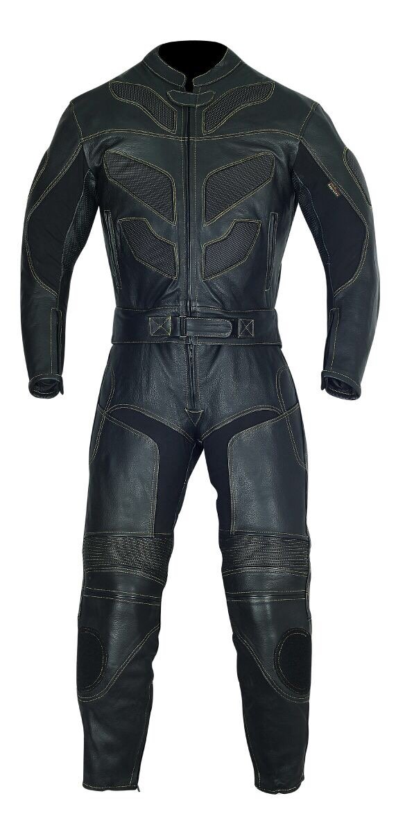 2pc Motorcycle Riding Racing Leather Black Track Suit with Padding and Armor (XXXL)