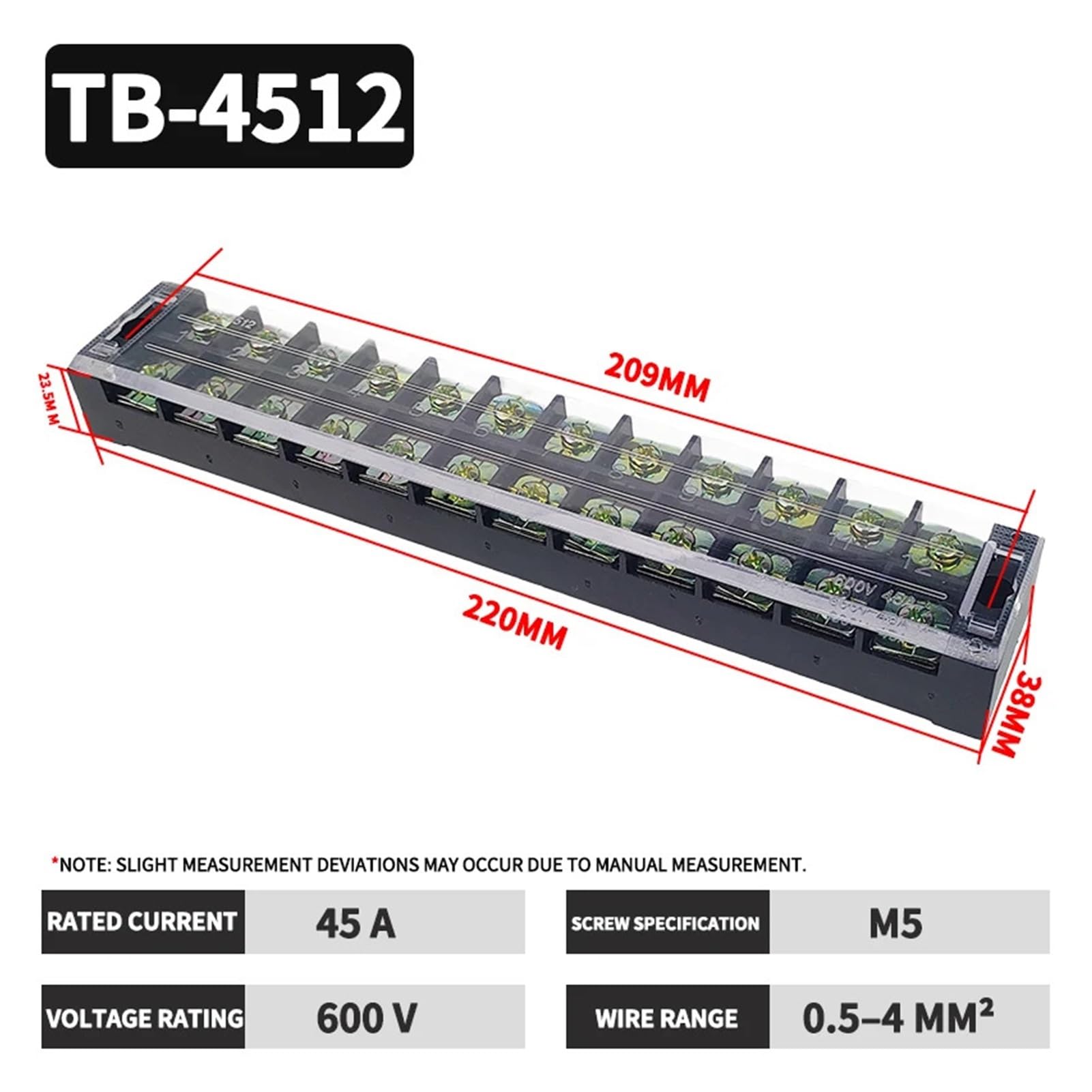 Bornier à vis de barrière TB4512 45A 600V double rangée isolée