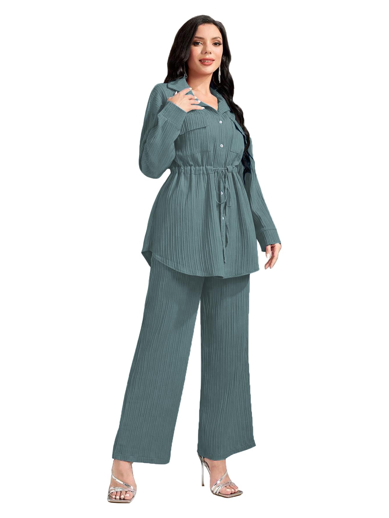 Tadkee Women's Solid Color Casual Long Sleeve Top And Pant Co-Ord Set With Pockets | Co Ord Set For Women | Kurta Set For Women (Fn-Sugar-Full-Pocket-127-Green-Xxl)