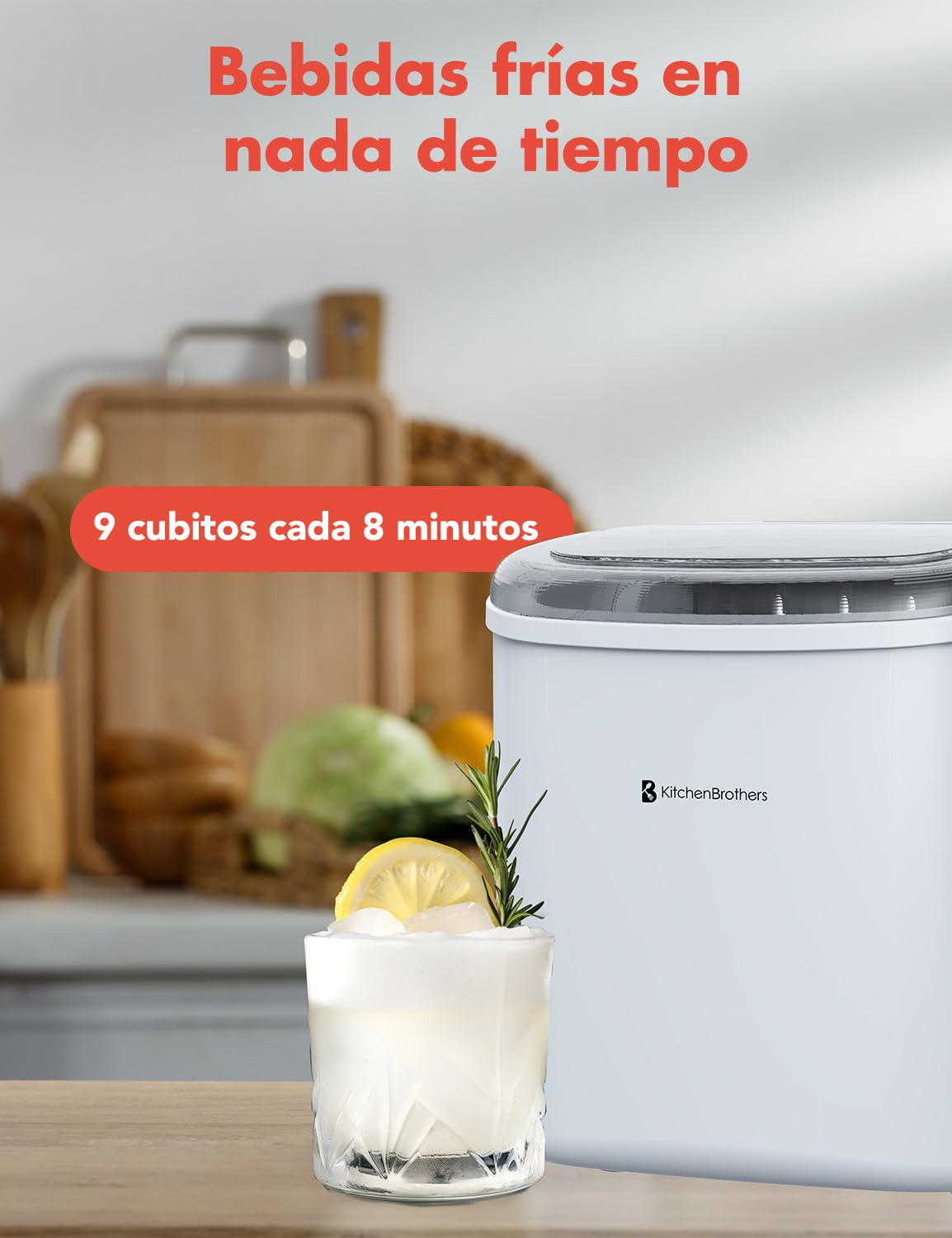 KitchenBrothers maquina de Hielo - Ice Maker - Maquina de Hacer Hielo - Máquina para Hacer Cubitos de Hielo con Pala para Hielo - 9 Cubitos de Hielo en 8 Min. - Portátil con Asa - 1,2L