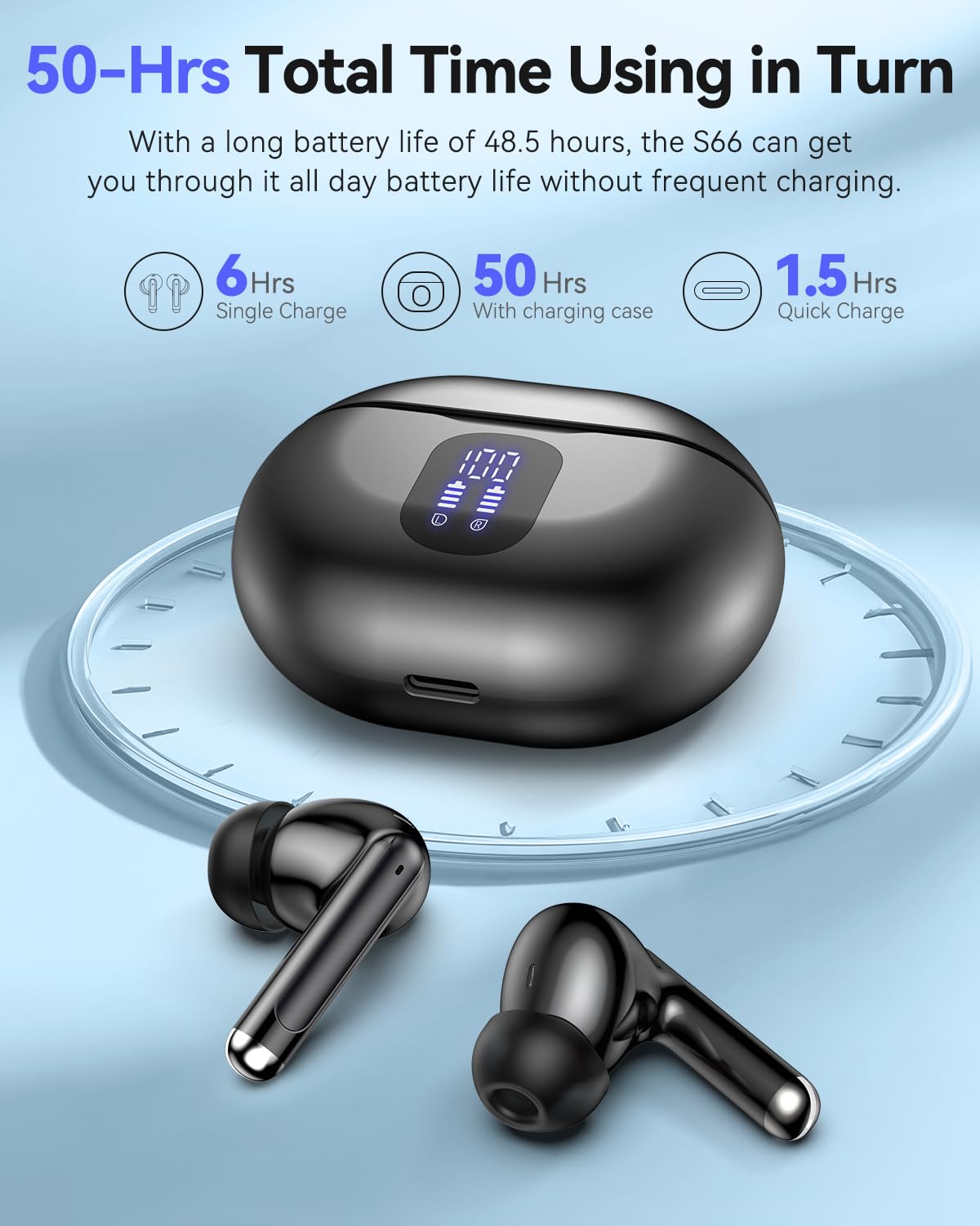 Bluetooth Headphones True Wireless Earbuds 50H Playback LED Power Display Earphones with Charging Case IPX7 Waterproof in-Ear Ear Buds with Mic for Smart Phone Computer Sports, Black