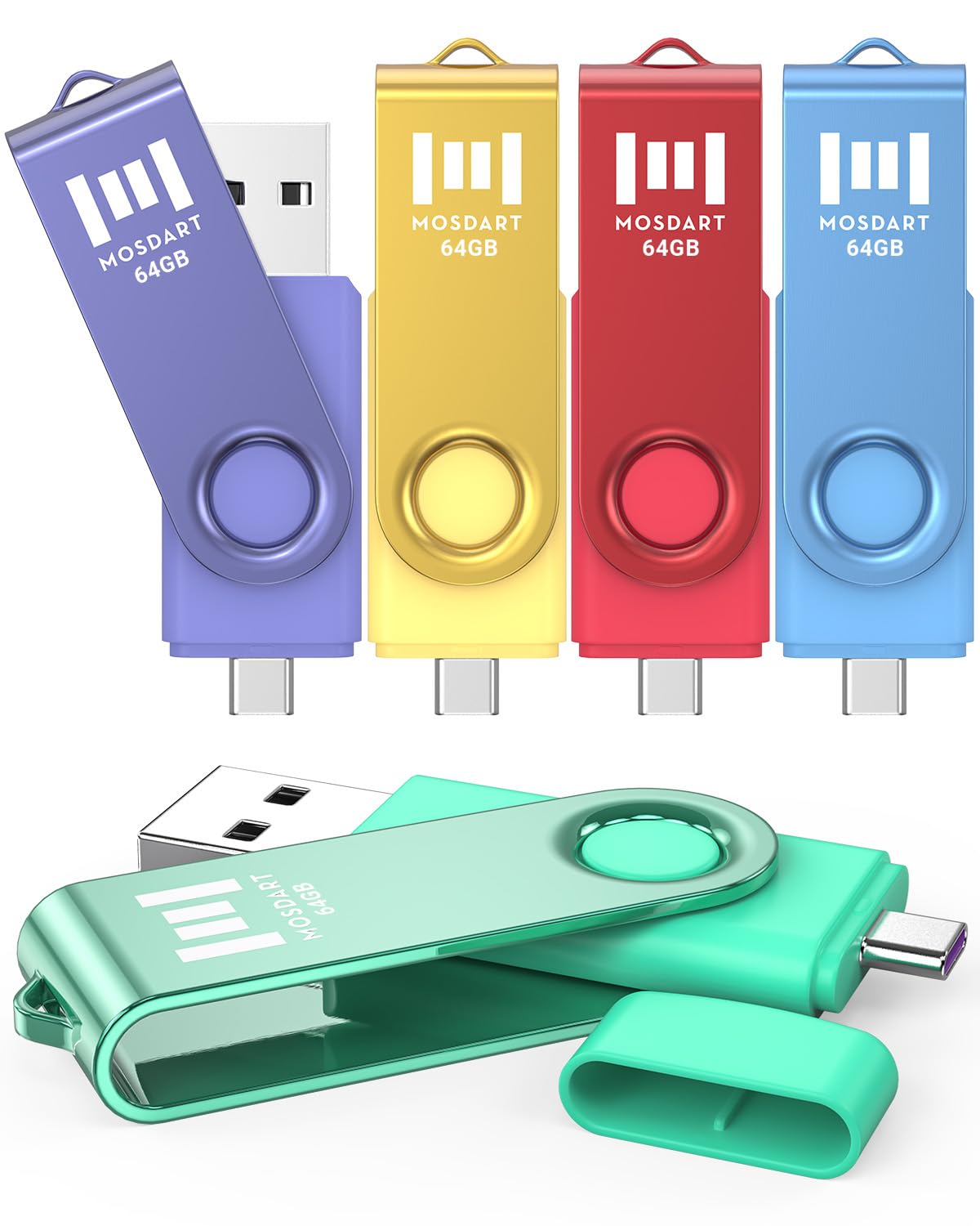 MOSDART ExFAT - Memoria USB C de 64 GB, 5 unidades, USB 2.0 tipo C OTG 2 en 1, memoria USB A y USB-C para teléfonos Android, iPhone 15, MacBook, iPad, laptop Windows, colores vibrantes