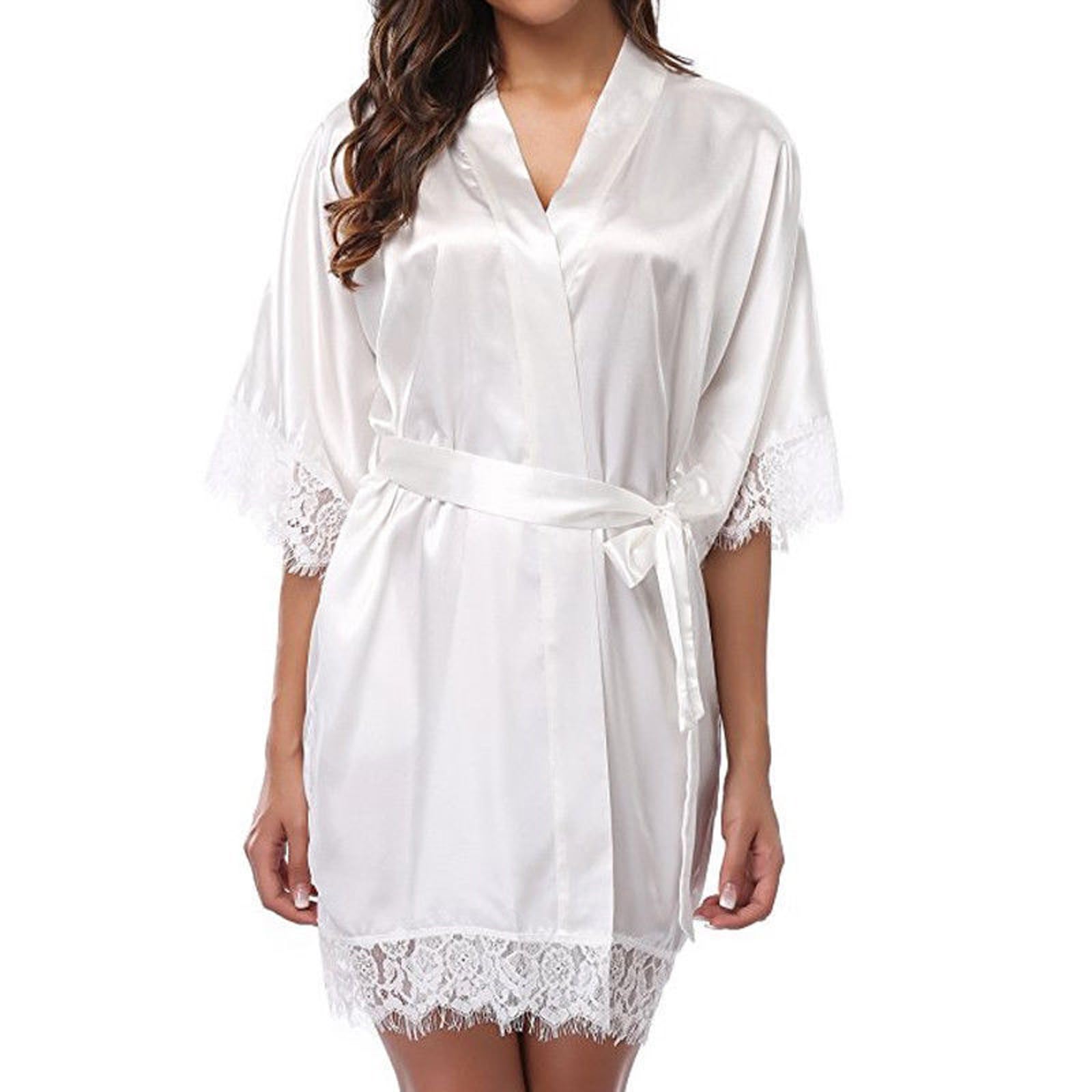 Faux Ice Silk Kimono Robe for Women Lace Trim Sleepwear 3 4 Sleeve V Neck Belted Short Bathrobe