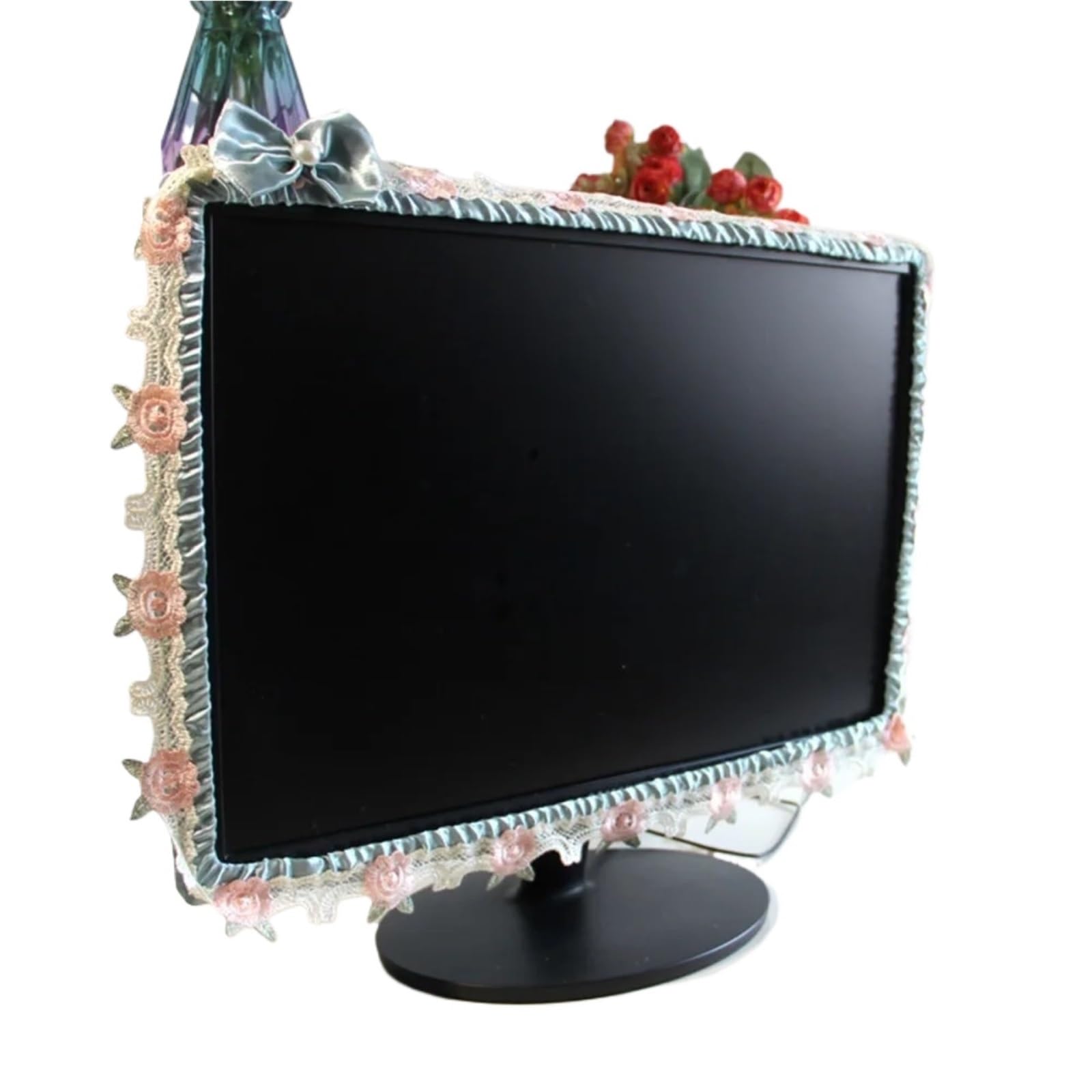 Qvorlth Blue-23 To 26Inch Monitor Cover 2Pcs Bow Tie Computer Monitor Cover Soft Fabric Cute Decorations Dust Elastic Frame Protector(Blue-23 To 26Inch)